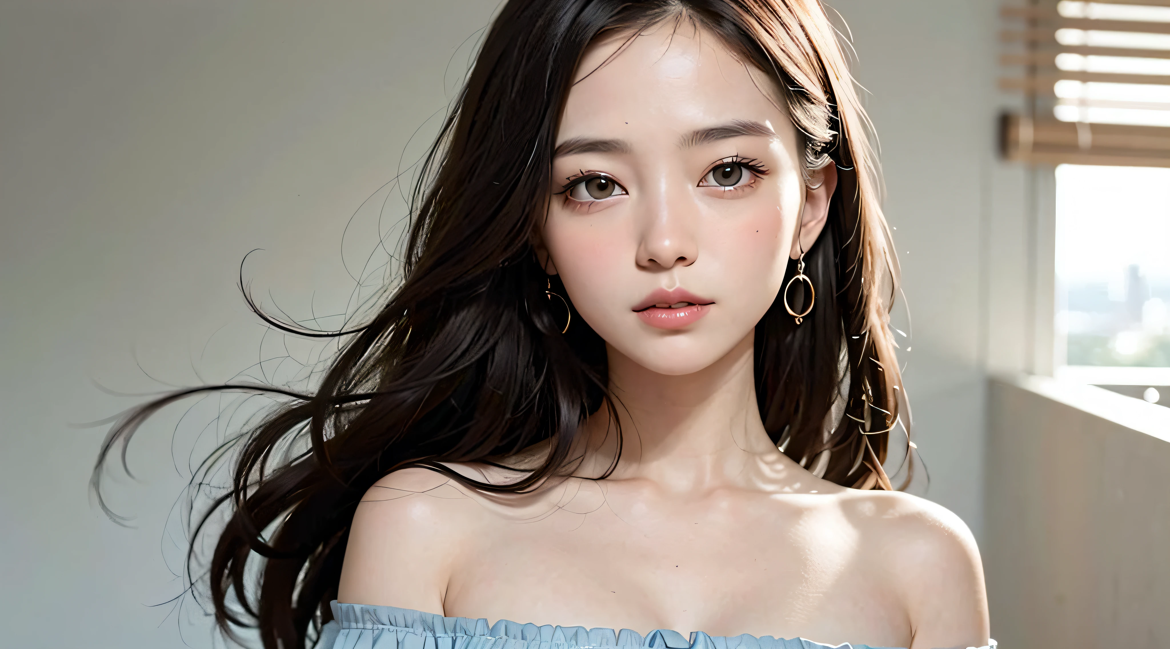Fashion trendy beautiful and charming woman, gentle and charming Chinese beautiful woman, delicate and sexy collarbone, charming oval face, double eyelids, smart peach blossom eyes, pink lips, small nose, bare shoulders, focus on the face, close-up of the face, Ultra-high-definition, super-detailed, full-body photo, ultra-thin and light-transmitting, the white off-the-shoulder shirt perfectly echoes the light blue slit skirt, fresh and good, and can be seen through