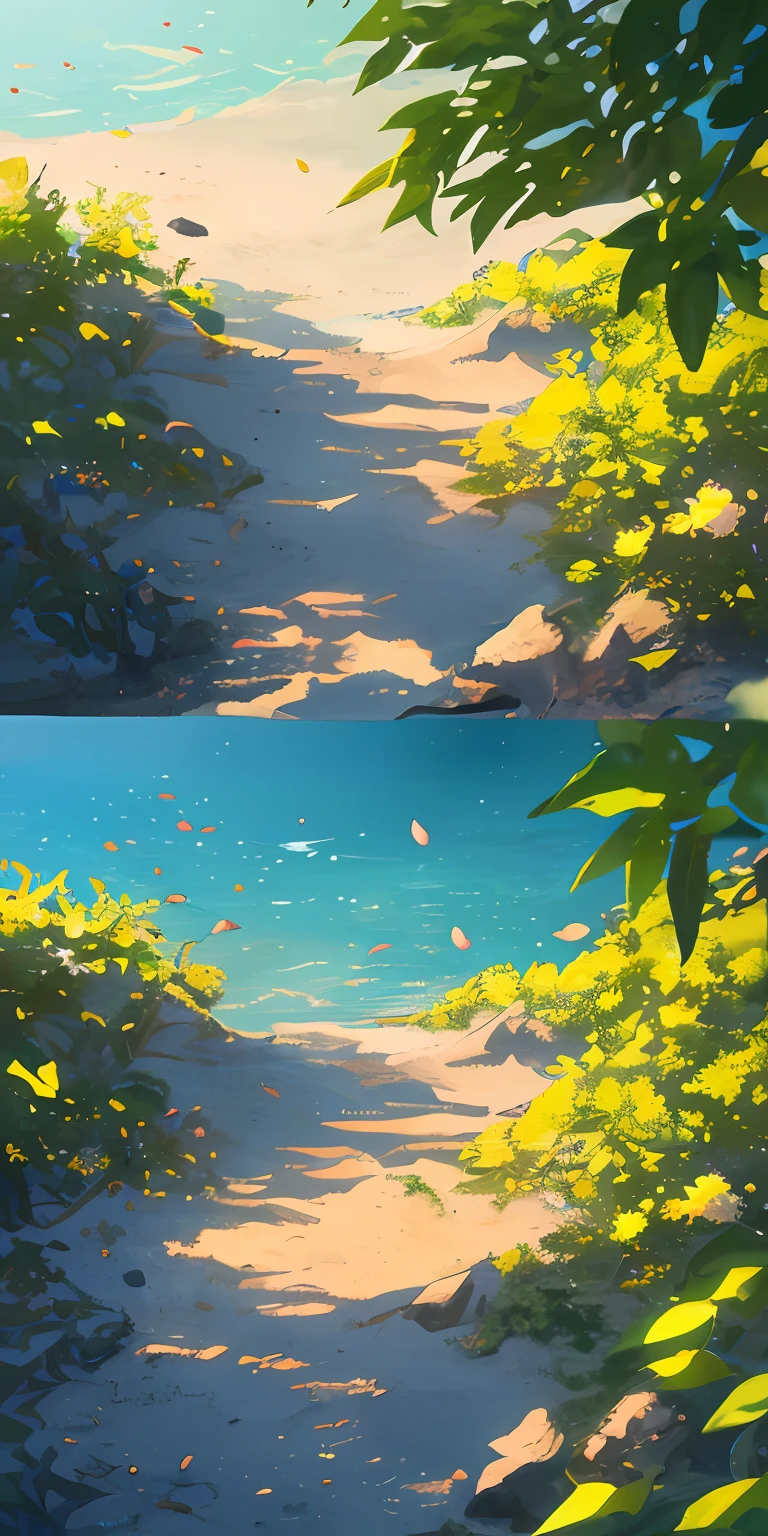 Masterpiece, best quality, (very detailed CG unity 8k wallpaper) (best quality), (best illustration), (best shadows) Nature', blue sea,delicate leaves petals of various colors falling in the air light Tracking, super detailed --v6