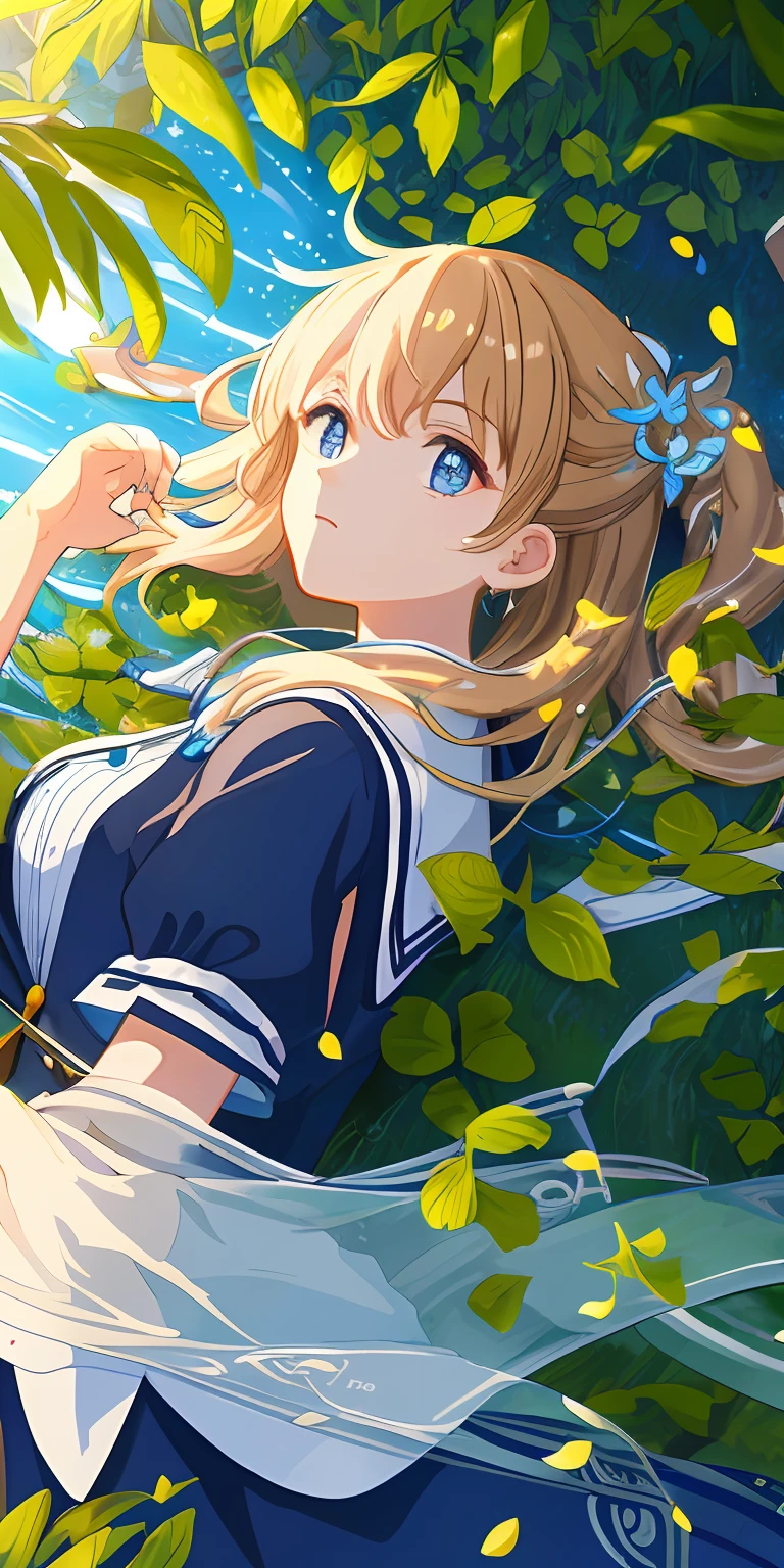 Masterpiece, best quality, (very detailed CG unity 8k wallpaper) (best quality), (best illustration), (best shadows) Nature', blue sea,delicate leaves petals of various colors falling in the air light Tracking, super detailed --v6