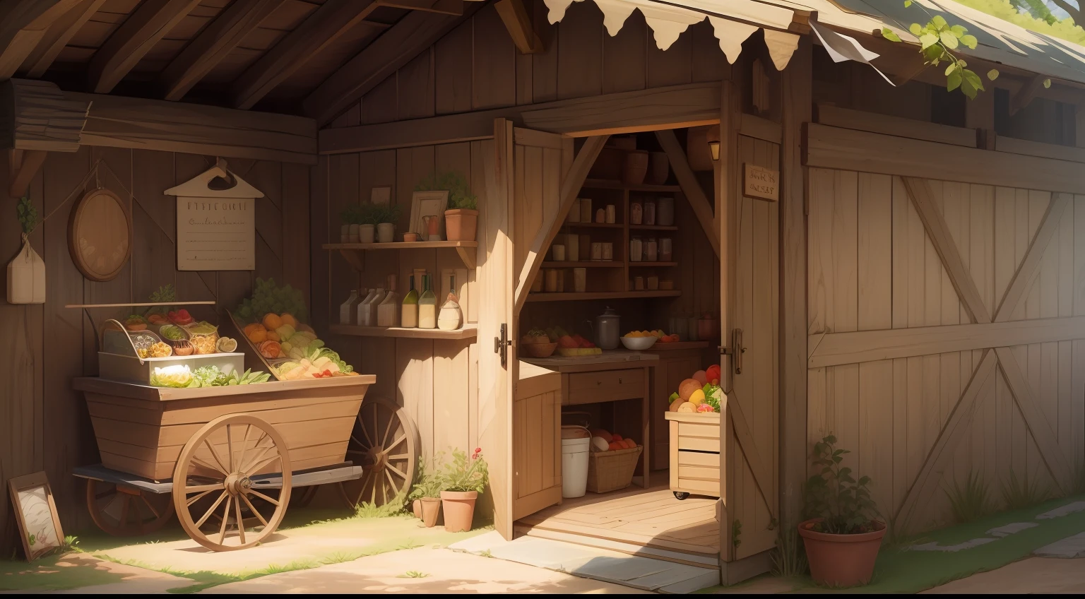 cart with food , medieval setting, desenho animado, chibi