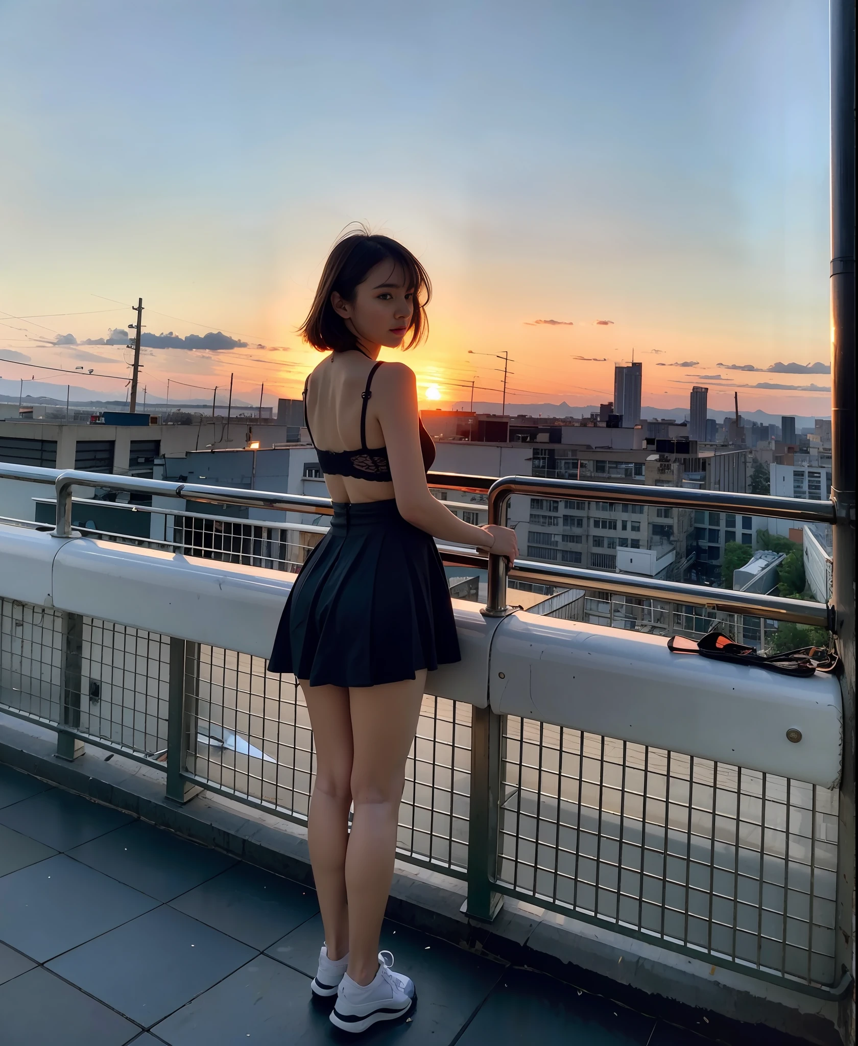 (masterpiece), top-quality, 超A high resolution,Japanese age girl, Cyberpunk Stunning cityscape,Japan girl standing on rooftop ,Wearing lace underwear。Dazzling sunset, extra very short hair, off shoulders, neon color, flushed, Stunning evening sky, 电影灯光, Photorealsitic, real looking skin, nffsw,