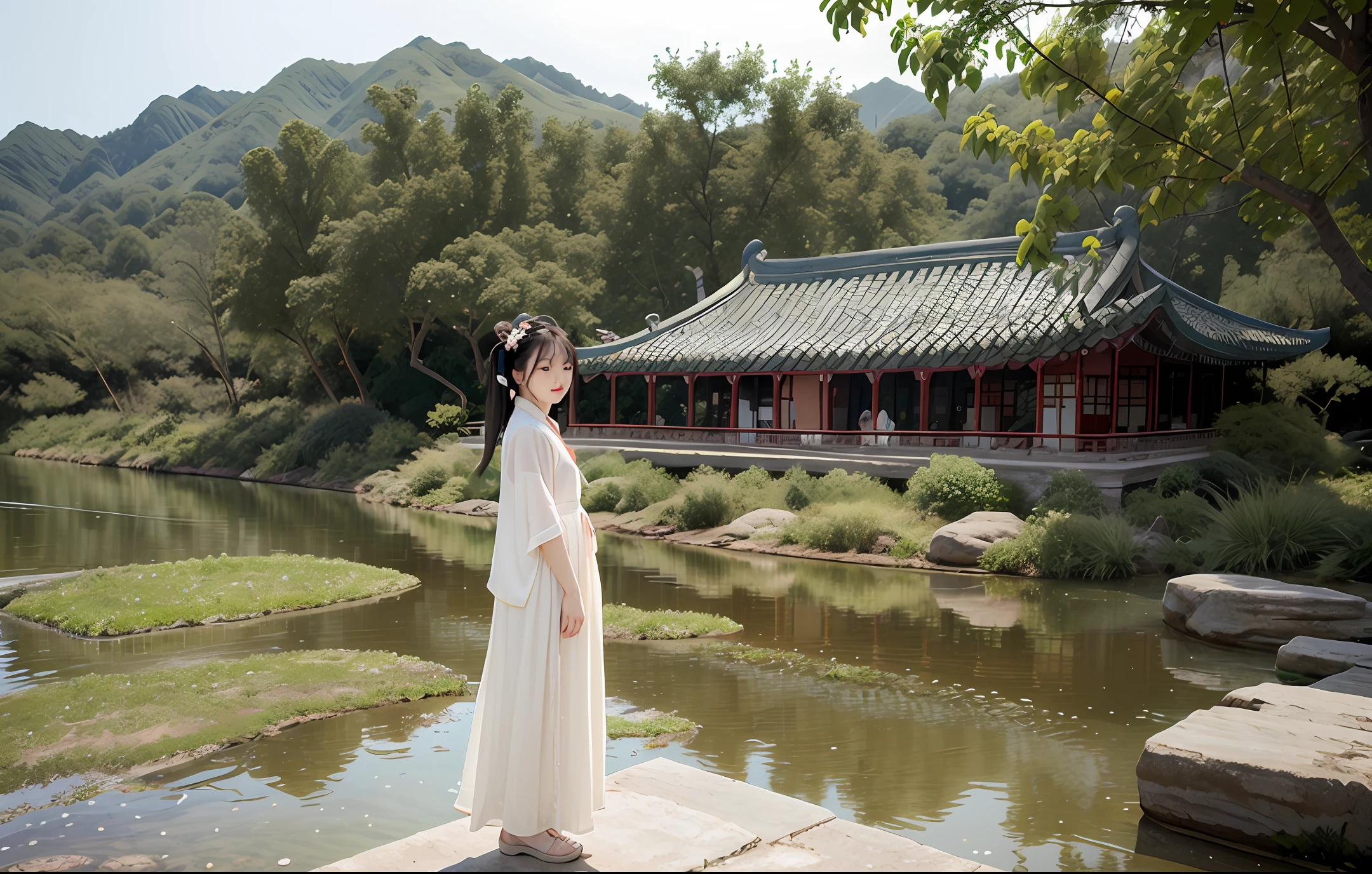 Stand on the bridge and watch the view,Chinese girl,Hanfu,There is an ancient building by the river