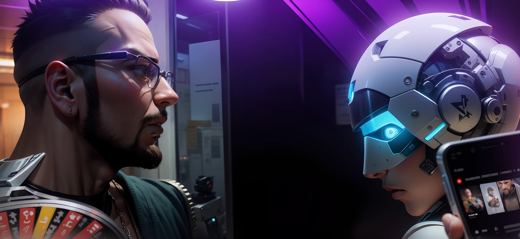 Take a picture like this with a man facing a robot, do lado do homem uma roleta de cassino e do lado do robo um celular --auto