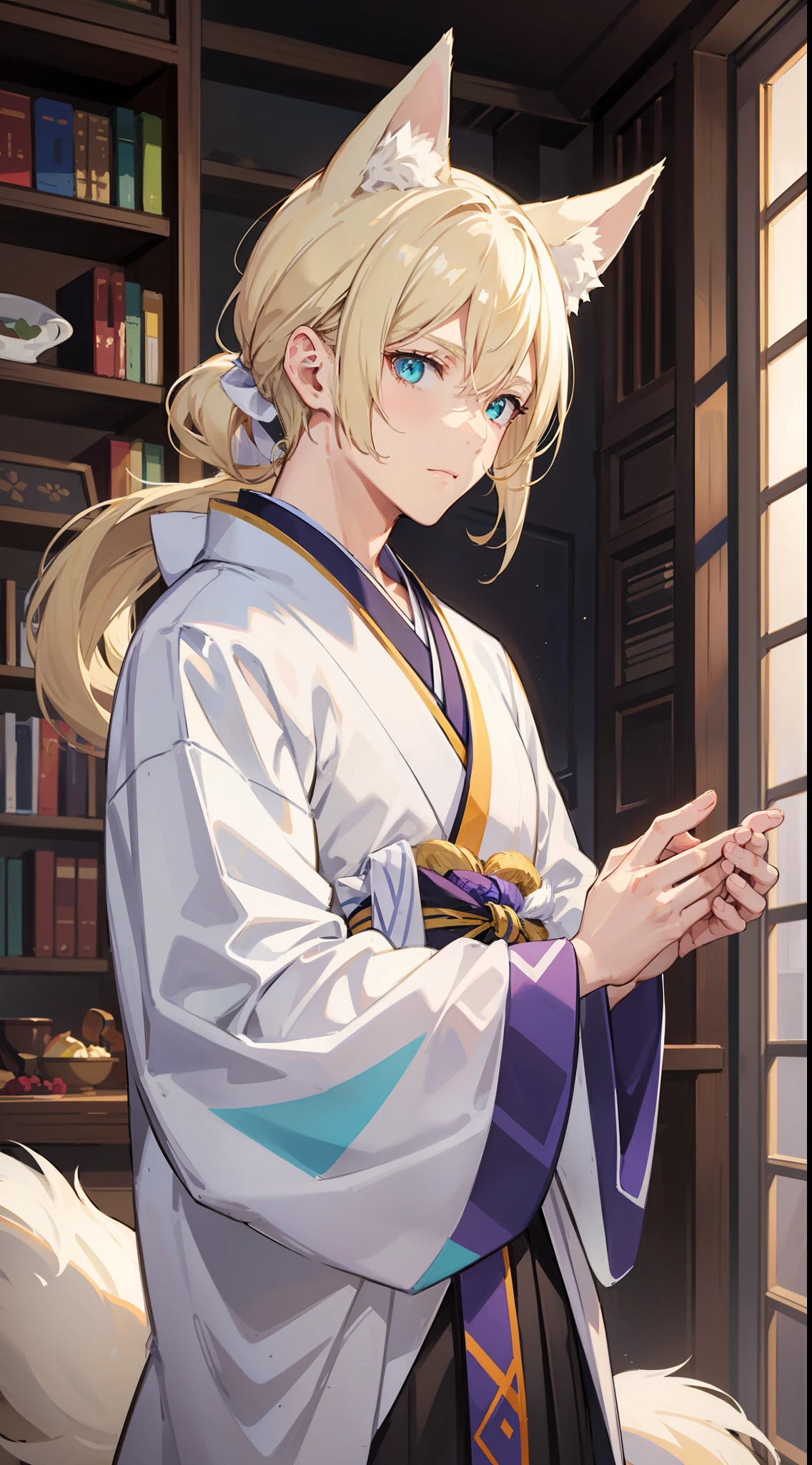 adult man, light blonde hair, low ponytail, White fox ears, White fox tail, Cyan eyes, kimono, Masterpiece, hiquality