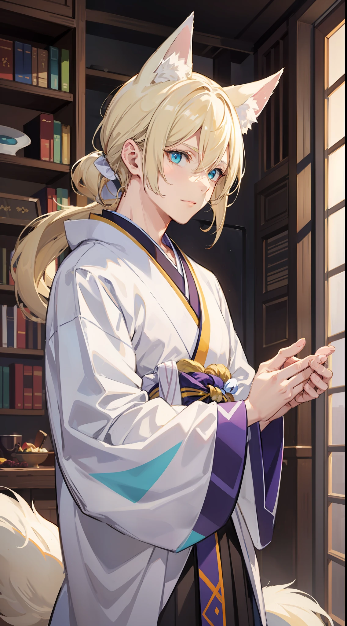 adult man, light blonde hair, low ponytail, White fox ears, White fox tail, Cyan eyes, kimono, Masterpiece, hiquality