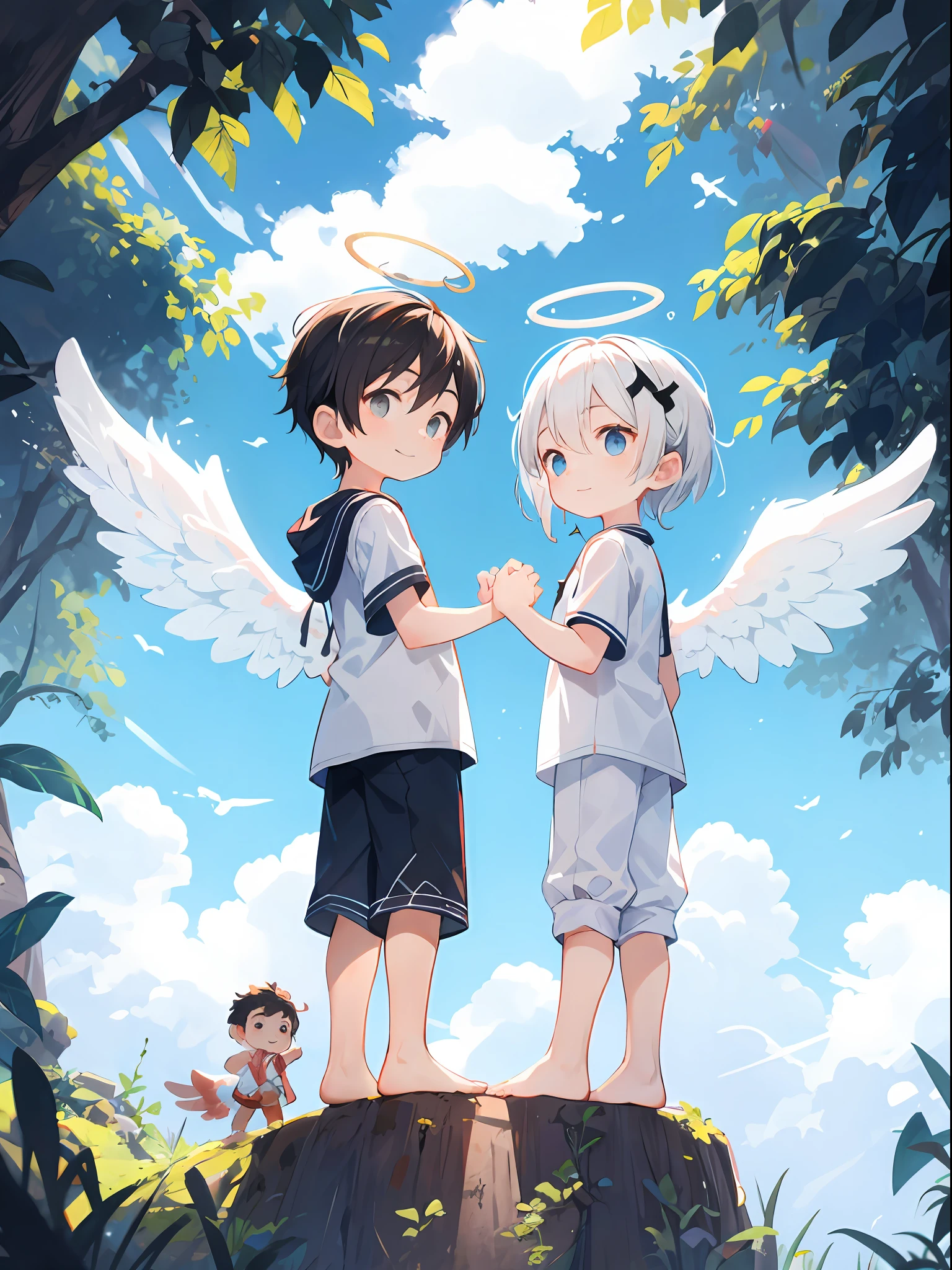 Shota,White color hair ,male people,Q version,(toddlers,baby), adolable, standing on your feet, Master masterpieces, A high resolution,8K,detailedbackground,high high quality,Libido boy,(((独奏))),(Angel wings,angelic halo,White clothes,The barefoot:0.6),looking at viewert,angle of view,From above,Dreamlike,magical,baiyun,(Warm light source:1.2),upper sky,On the clouds,A happy expression,shorter pants