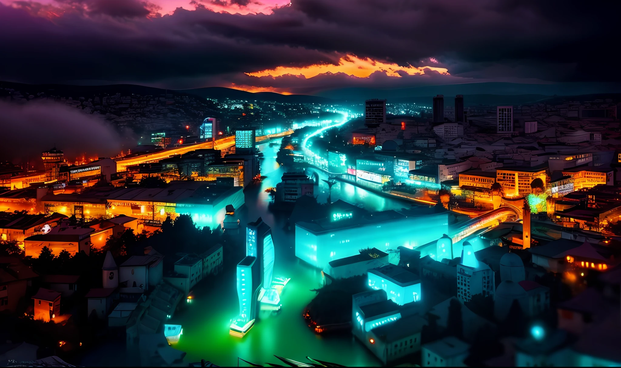 Cyberpunk post-apocalyptic cityscape photos, melancholic vibrant splash punk, sarajevo, bosnia, river, Julie Bell and Anna Bojack surreal highly detailed complex photo realistic simulation style photo cinematic lighting --v6