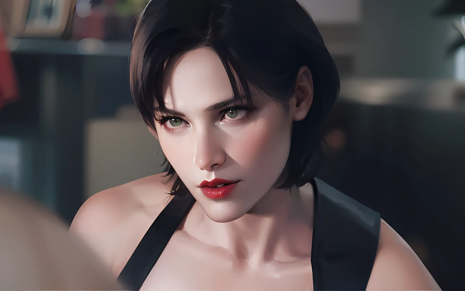 There is a woman with a black top and red lipstick, perfect dark, cinematic realistic portrait, Resident Evil,with short black hair、eye shadows、White skin、agent、Sienna Gherly,long eyelasher,eye shadows,petty face,largeeyes,exposed bare shoulders,hight contrast,fully body photo