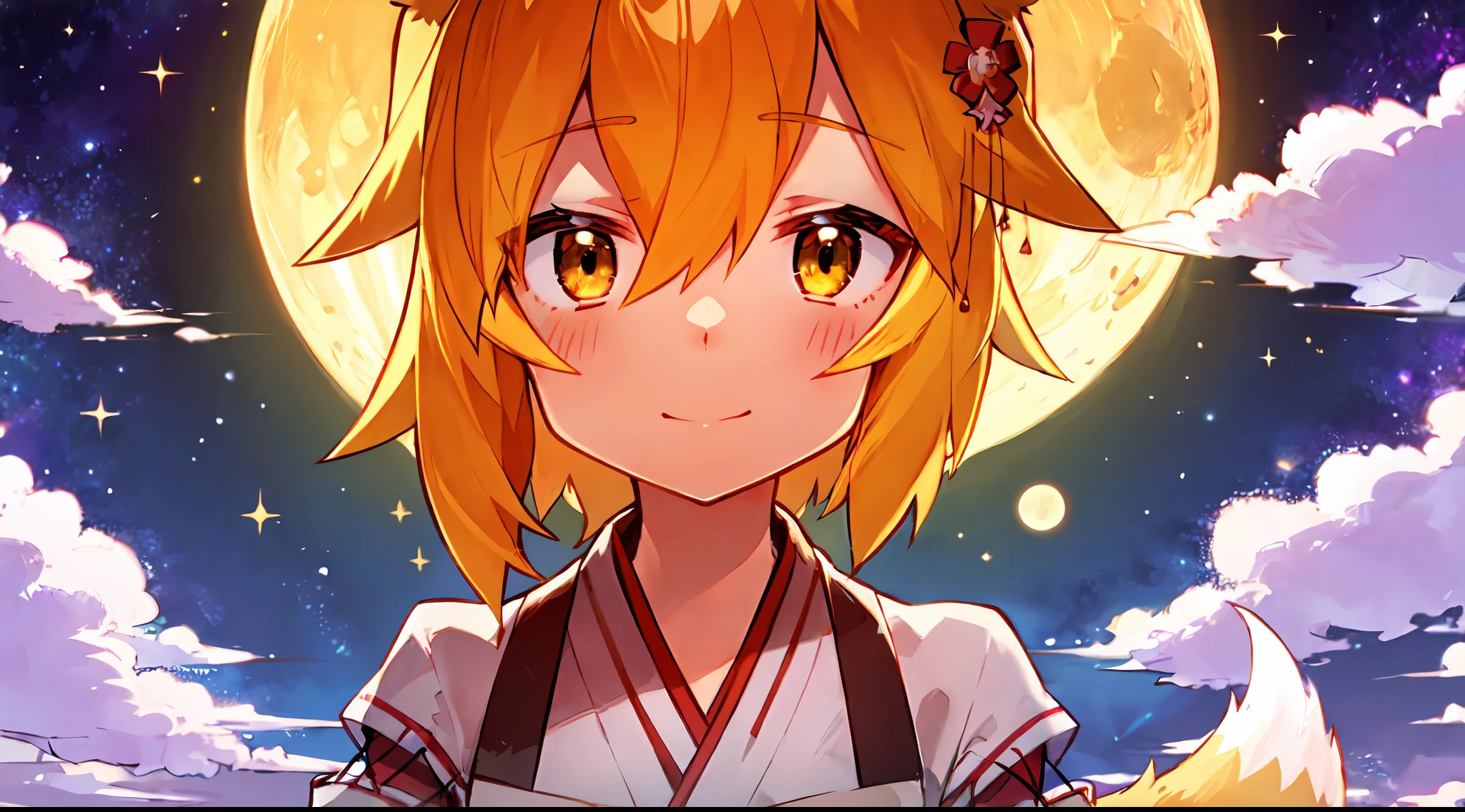 Ultra-detailed starry night scene, extremely focused image, (detailed light: 1.05), a fox girl with orange hair, small stature, solo, kimono, miko, fox ears and tail, floral hair ornament, gazing up with wonder in her crisp, luminous emerald eyes, enchanted smile on her flawless face, dazzlingly clear night sky filled with two sharp, detailed moons, brilliantly vivid constellations swirl overhead, notes of rich purple, blue and green fill the crisp sky, representing her sense of awe and hope, elegant beauty, masterful depth, textures and details