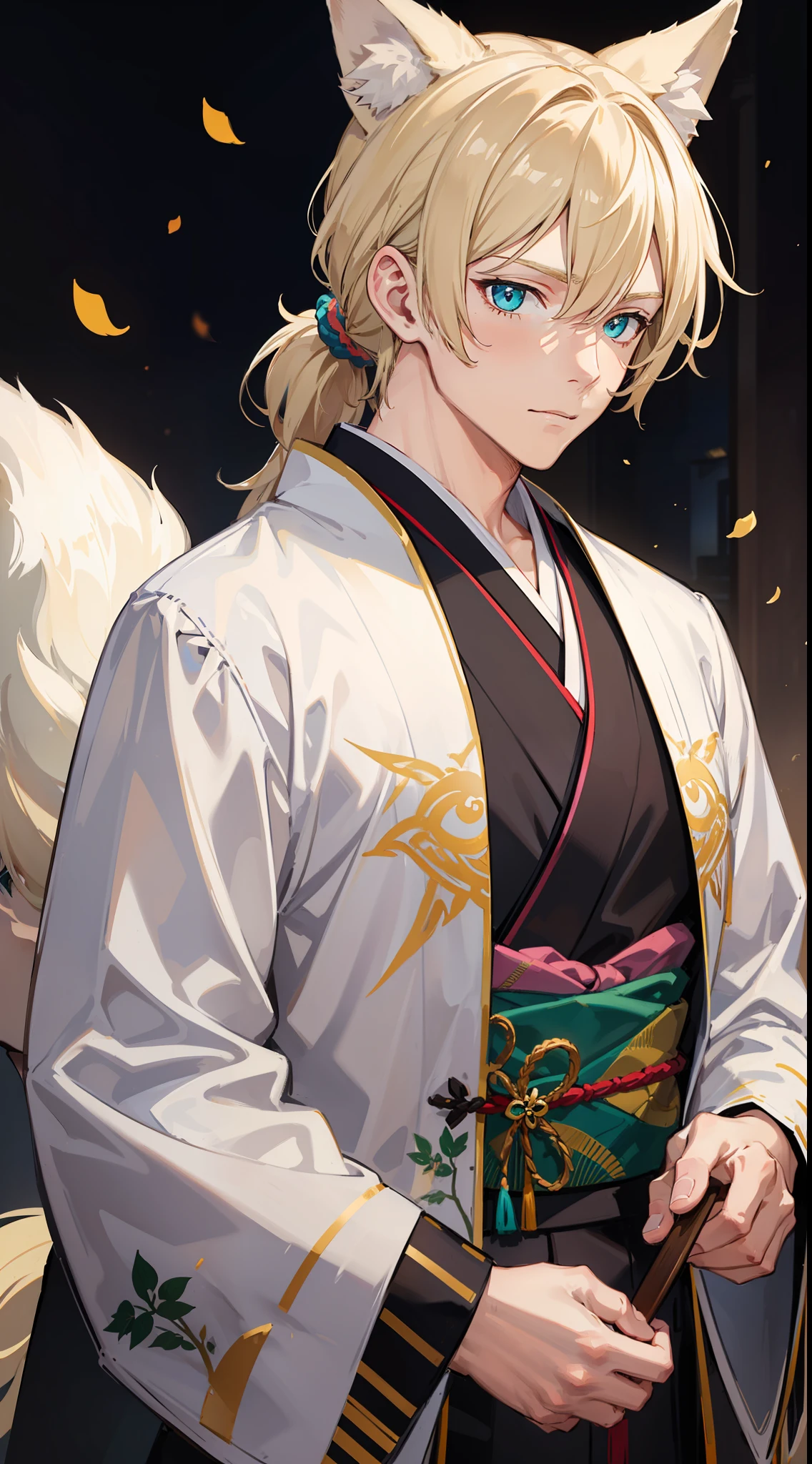adult man, light blonde hair, low ponytail, White fox ears, White fox tail, Cyan eyes, kimono, Masterpiece, hiquality