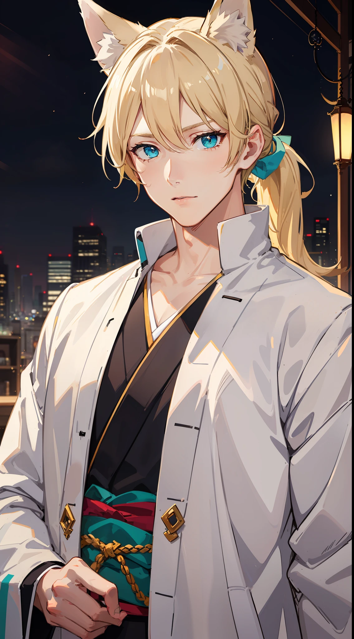 adult man, light blonde hair, low ponytail, White fox ears, White fox tail, Cyan eyes, kimono, Masterpiece, hiquality