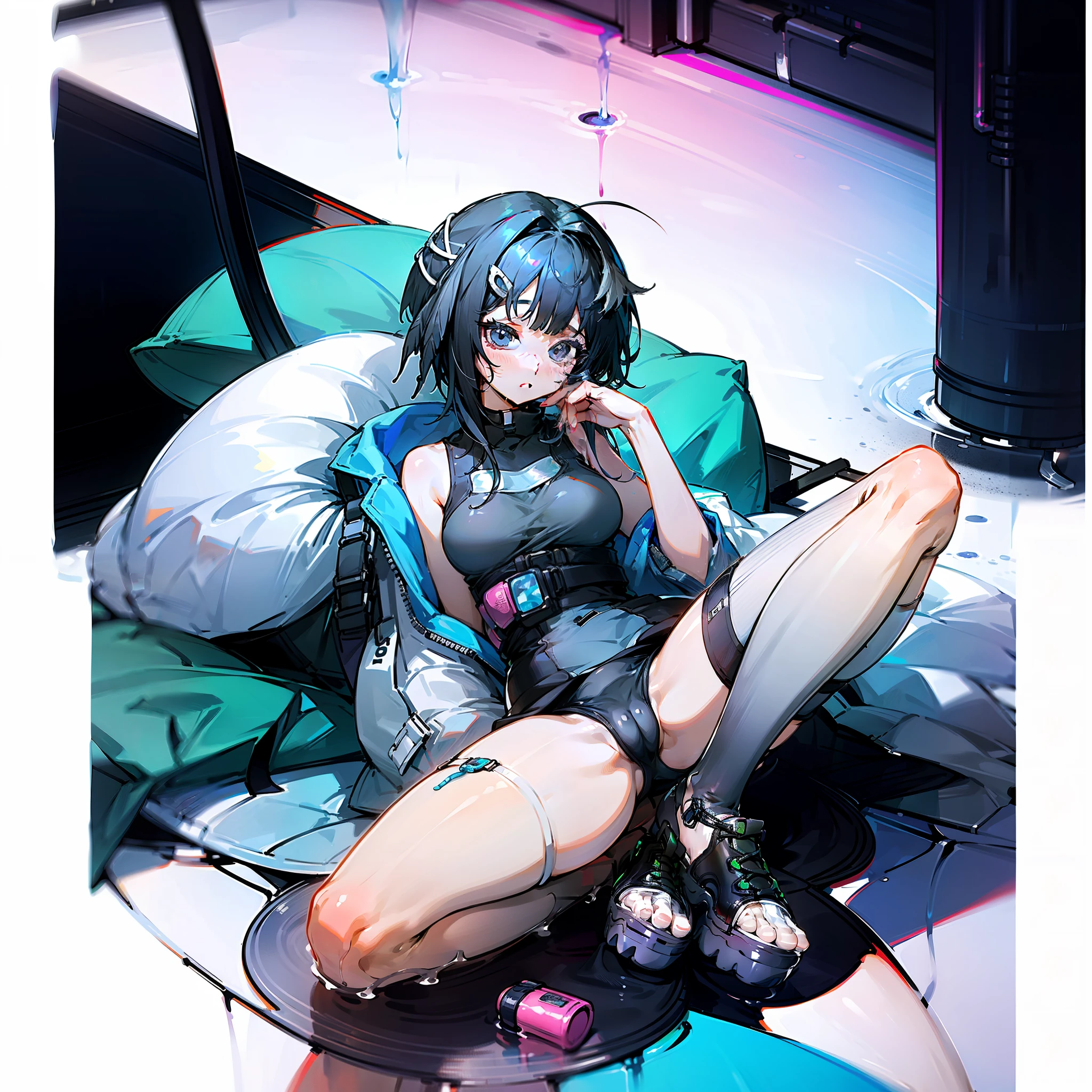 A highly competitive one-piece swimsuit,White transparent stockings,drenched clothes,lies on the ground, Used condoms on the legs,Two legs stained with white liquid,White stockings,Have used condoms around the body