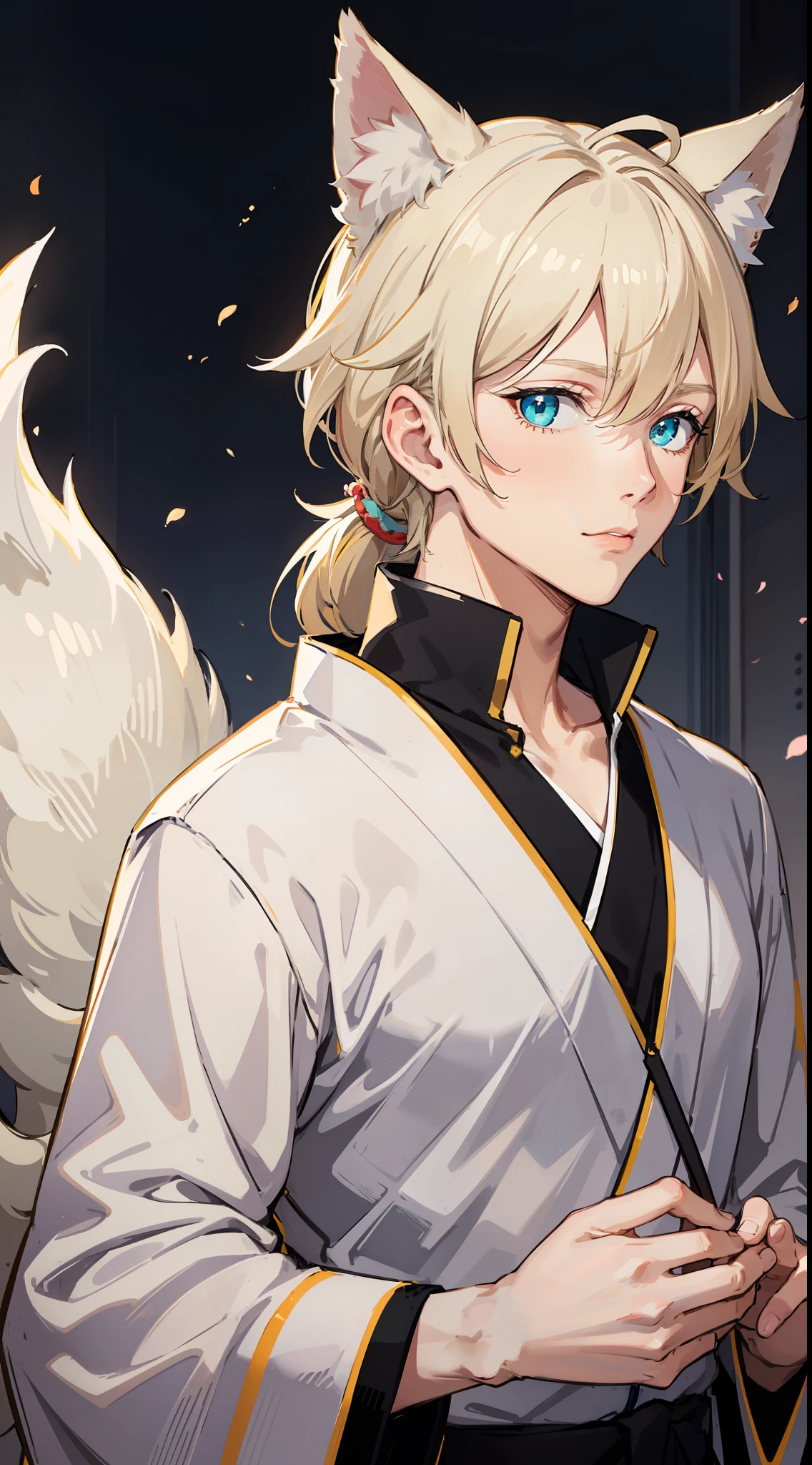 adult man, light blonde hair, low ponytail, White fox ears, White fox tail, Cyan eyes, kimono, Masterpiece, hiquality