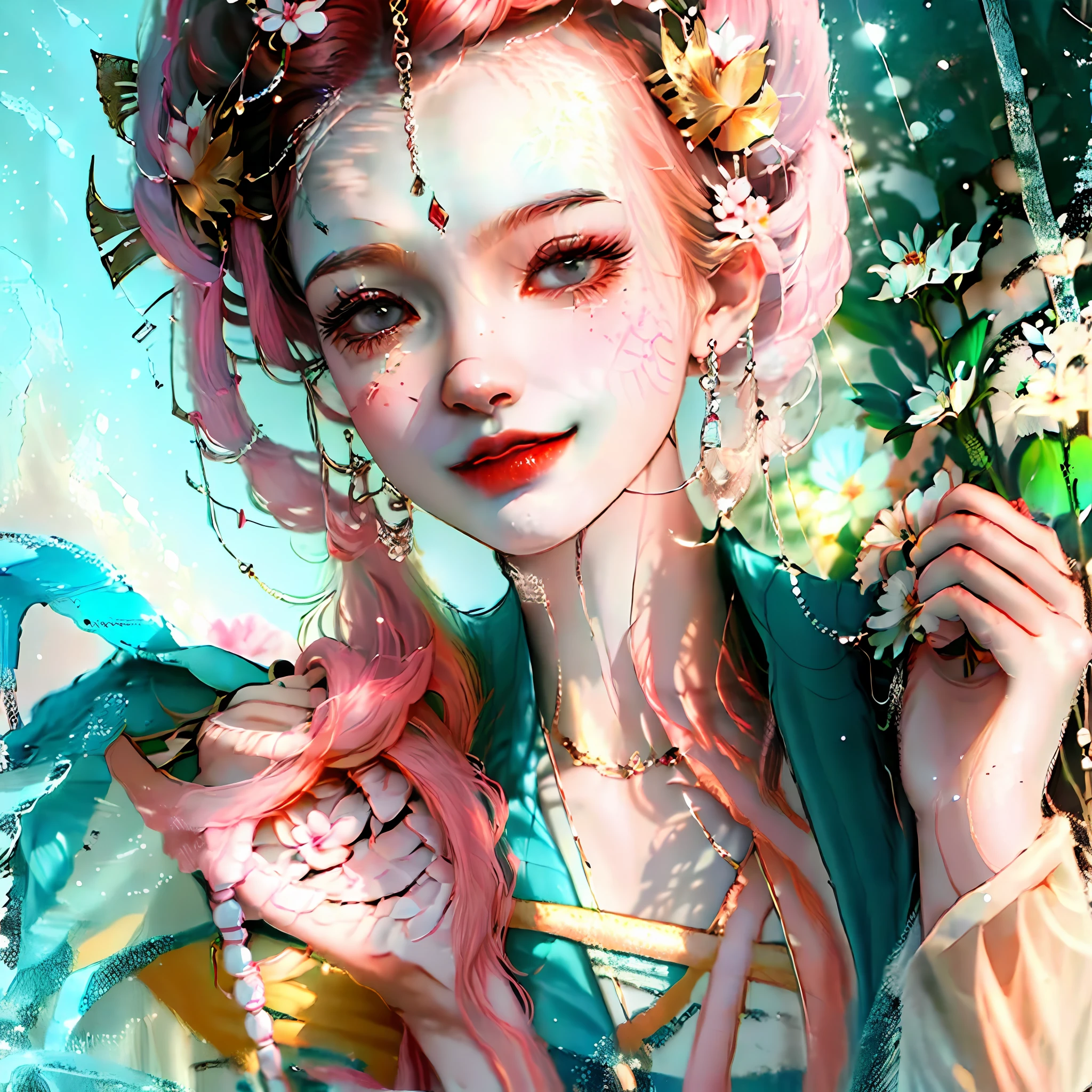 (Very detailed painting style, Best Picture Quality, 8K分辨率),A romantic and charming scene, An 18-year-old girl, There is a wall behind it, Holding a pink flower in his hand, Stand with a smile, Wearing a denim dress, Sparkling, The pupils are clear and bright, Her temperament is as fresh as spring, It brings people a sense of peace and warmth。 --auto