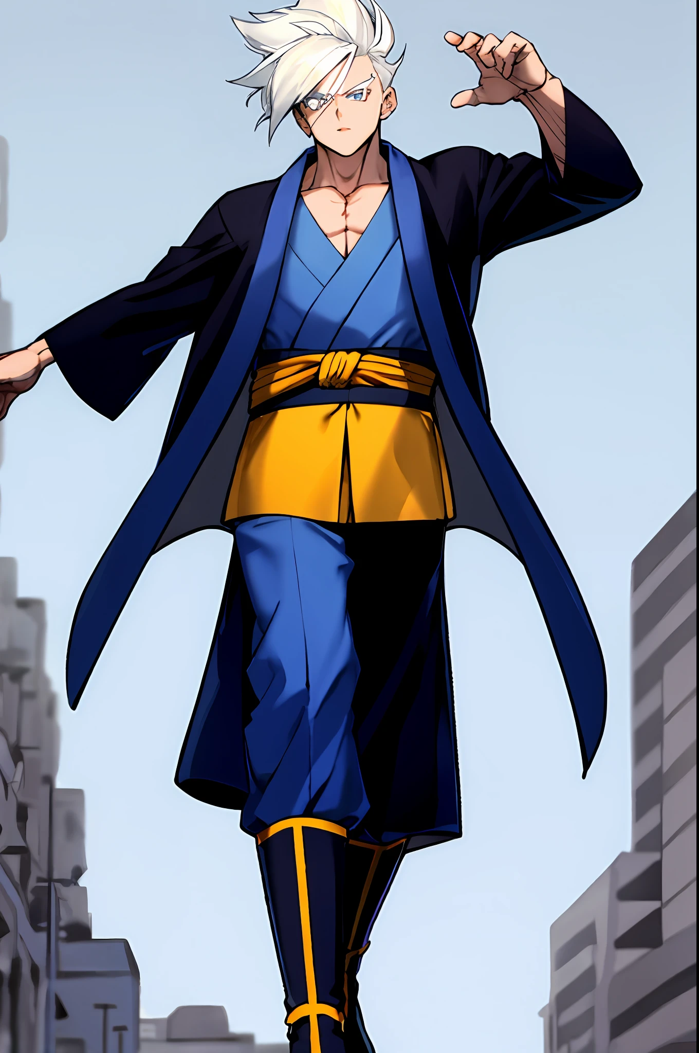 Cabelo platinado, cabelo espetado, olhos azuis, kimono pants, musculoso, pose, munhequeira preta, botas estilisada, Blurry Blue Sky, geleira, foco masculino, ((obra-prima))