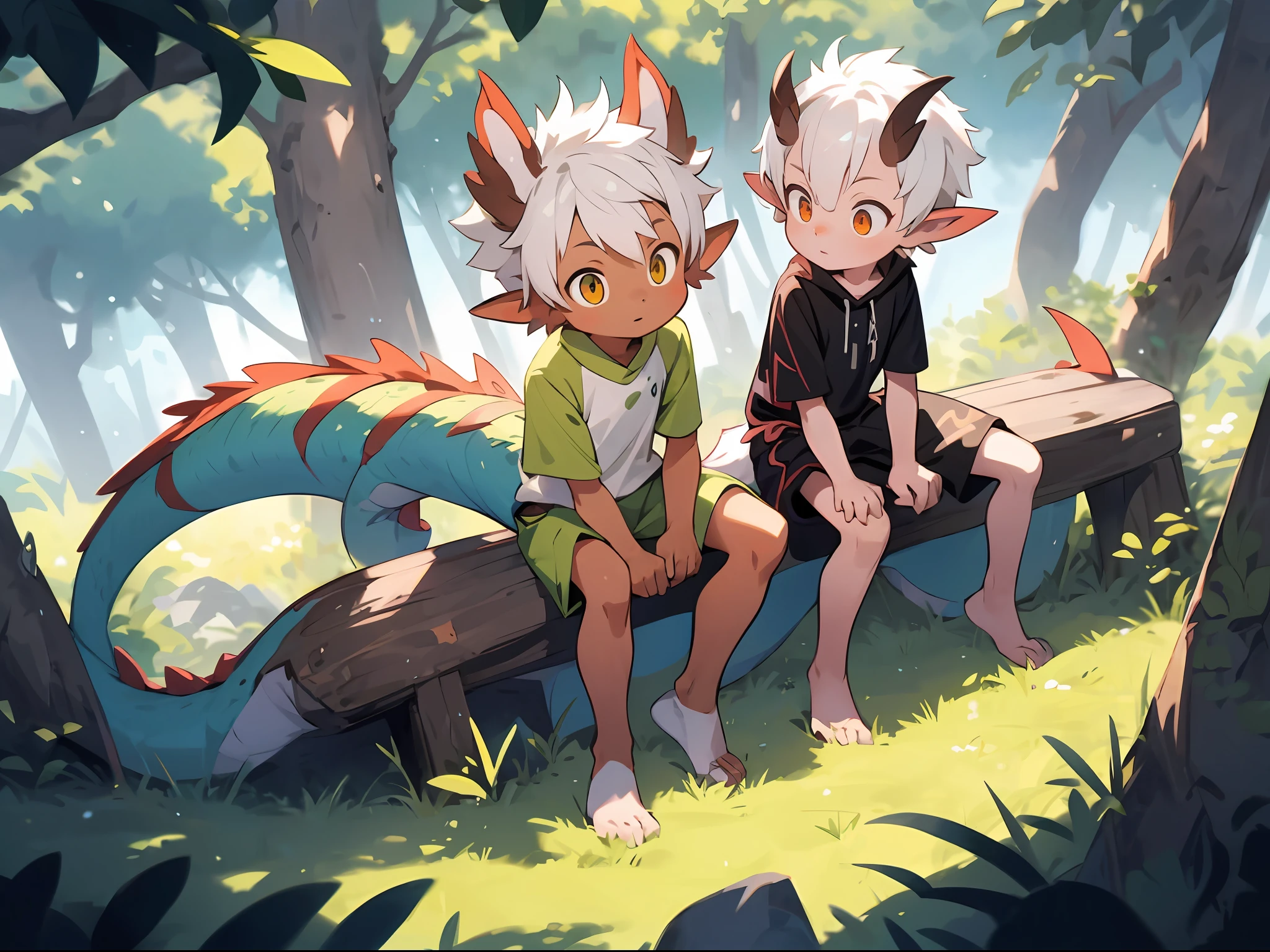 Anime - style image of a  standing on grass in front of the forest, concept art by Shitao, Pisif, Furry art，trending on artstation pixiv, Guviz-style artwork, lalafell, Guviz, Guweiz on ArtStation Pixiv, young male anthro dragon，White fur，White hair，Close-up photos，（slightly fat big breasts），Sit cross-legged，The perspective is from above