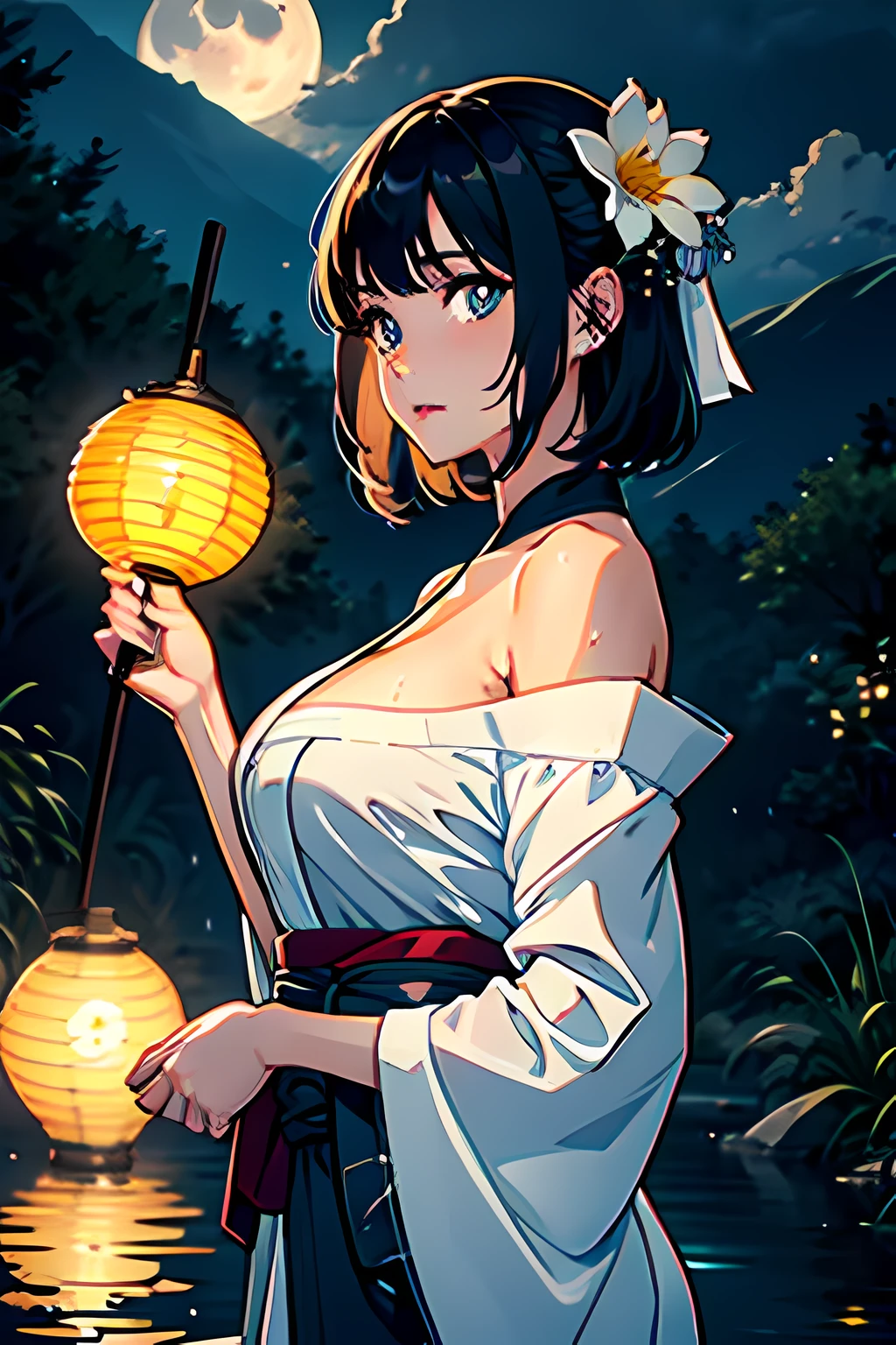 1girl, breasts, moon, lantern, night, solo, large breasts, hair ornament, wet, kimono, japanese clothes, wading, water, hair flower, flower, outdoors, sky, full moon, rain, black hair, off shoulder, mountain, cloud, holding, sash, bare shoulders, paper lantern, standing, white kimono, night sky, sideboob, obi, wet clothes, bangs, tree, from side, reflection, short hair, cloudy sky, wet hair (((masterpiece),(extremely detailed CG unity 8k wallpaper),best quality,,solo,1girl,cinematic lighting,detailed background,beautiful detailed eyes,bright pupils, (an extremely delicate and beautiful),(Beautiful and detailed eye description)， ultra-detailed,masterpiece,)),