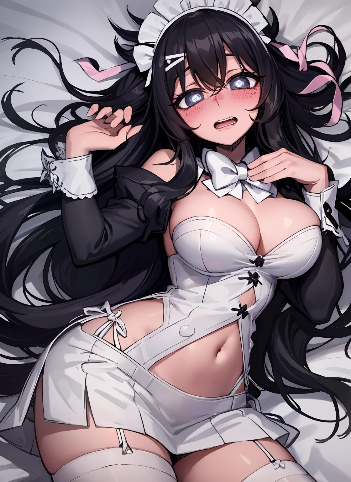 long black hair, dark pupils, love in eyes, bow hairpins, blushing, shyness, drooling, rolling eyes, white bow tie, maid outfit, long sleeves, miniskirt, exposed panties, hands raised above the head, lying on bed, big breasts, leg rings, white liquid, binding, single
