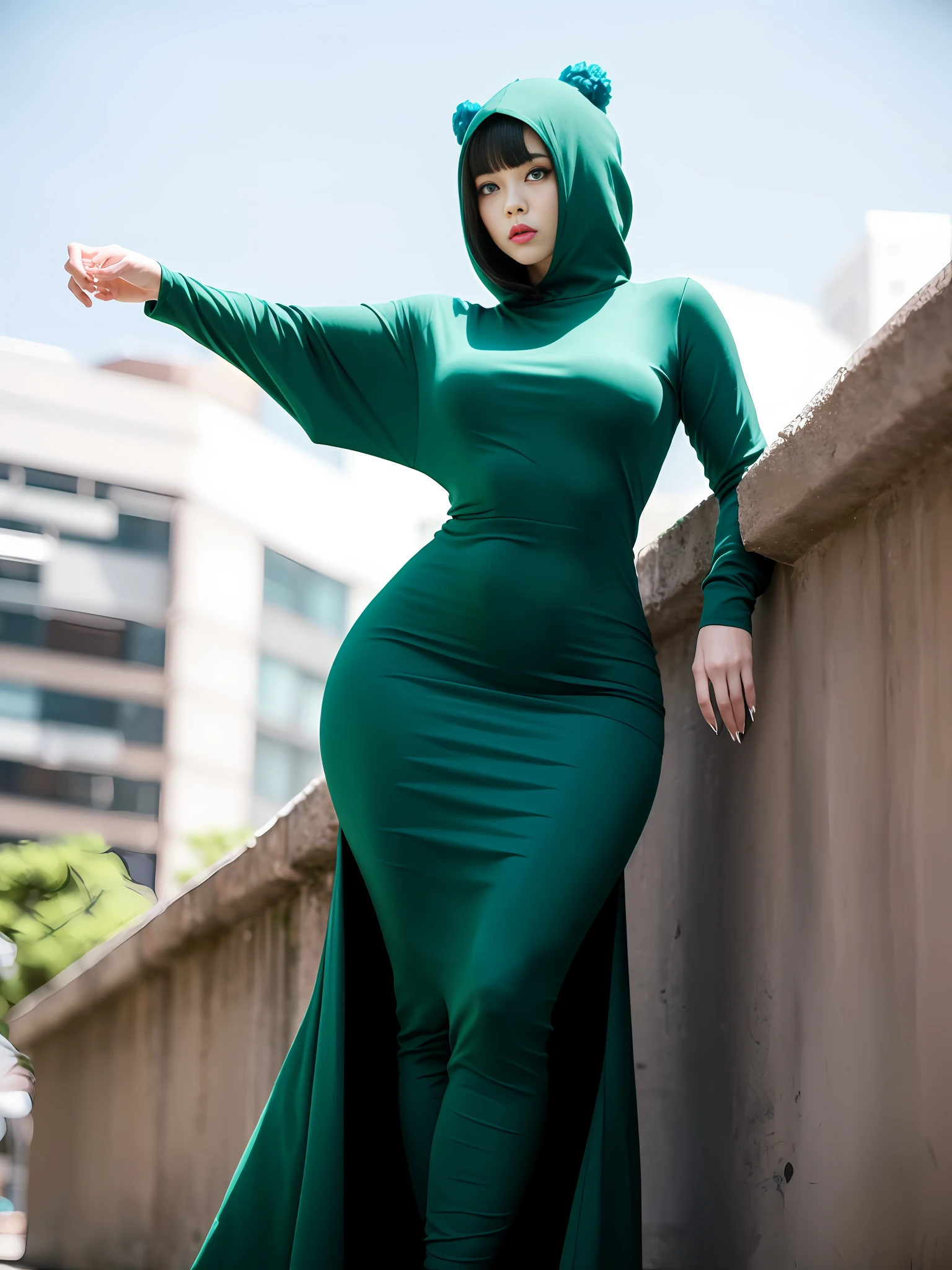 araffe woman in a green dress leaning against a wall, styled like ghost in the shell, tatsumaki from one punch man, thicc, sona is a slender, full body green dress, posing in neo - tokyo futuristic, she wears a dark green dress, distorted pose, tatsumaki, epic angle and pose, green dress with a black hood