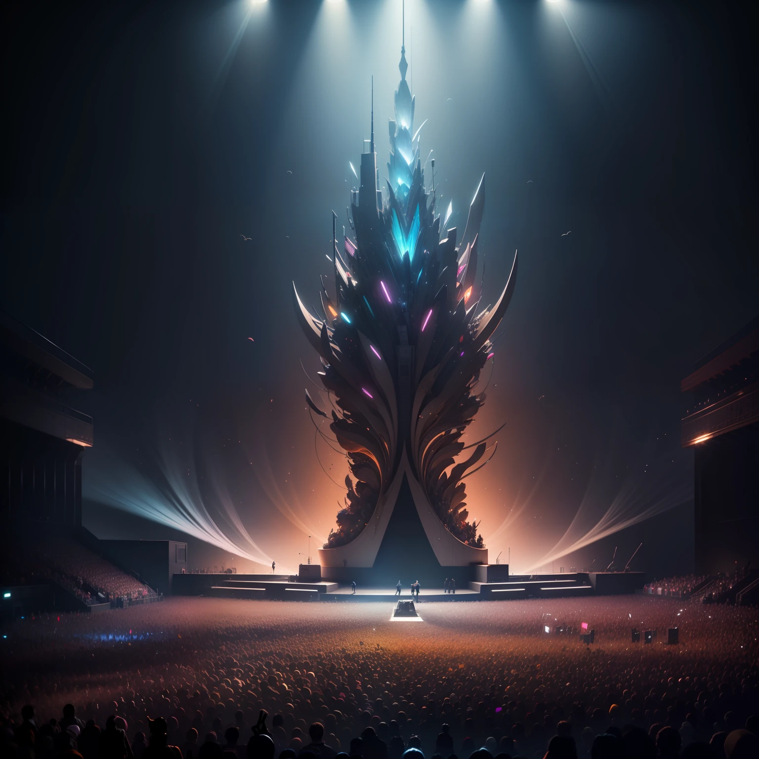 (extremely detailed CG unity 8k wallpaper, masterpiece, best quality, ultra-detailed), (best illumination, best shadow, an extremely delicate and beautiful), rock band, Imagine Dragons, abstract bird shape, vivid colors, dynamic light, high saturation, stage performance, electric guitar, drum set, crowd of fans, stunning visual effects.