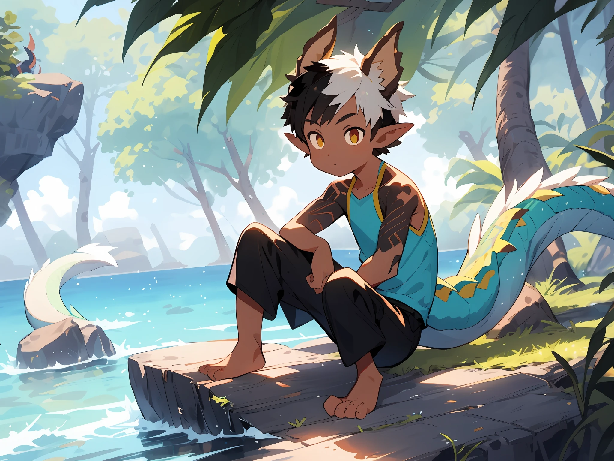 Anime - stylistic image of a  sitting on a rock by the sea, concept art by Shitao, Pisif, Furry art，trending on artstation pixiv, Guviz-style artwork, lalafell, Guviz, Guweiz on ArtStation Pixiv, young male anthro dragon，White scales，White hair，Close-up photos，（slightly fat big breasts），Sunburn，The character is on the right，(((独奏，solo person，1boys)))