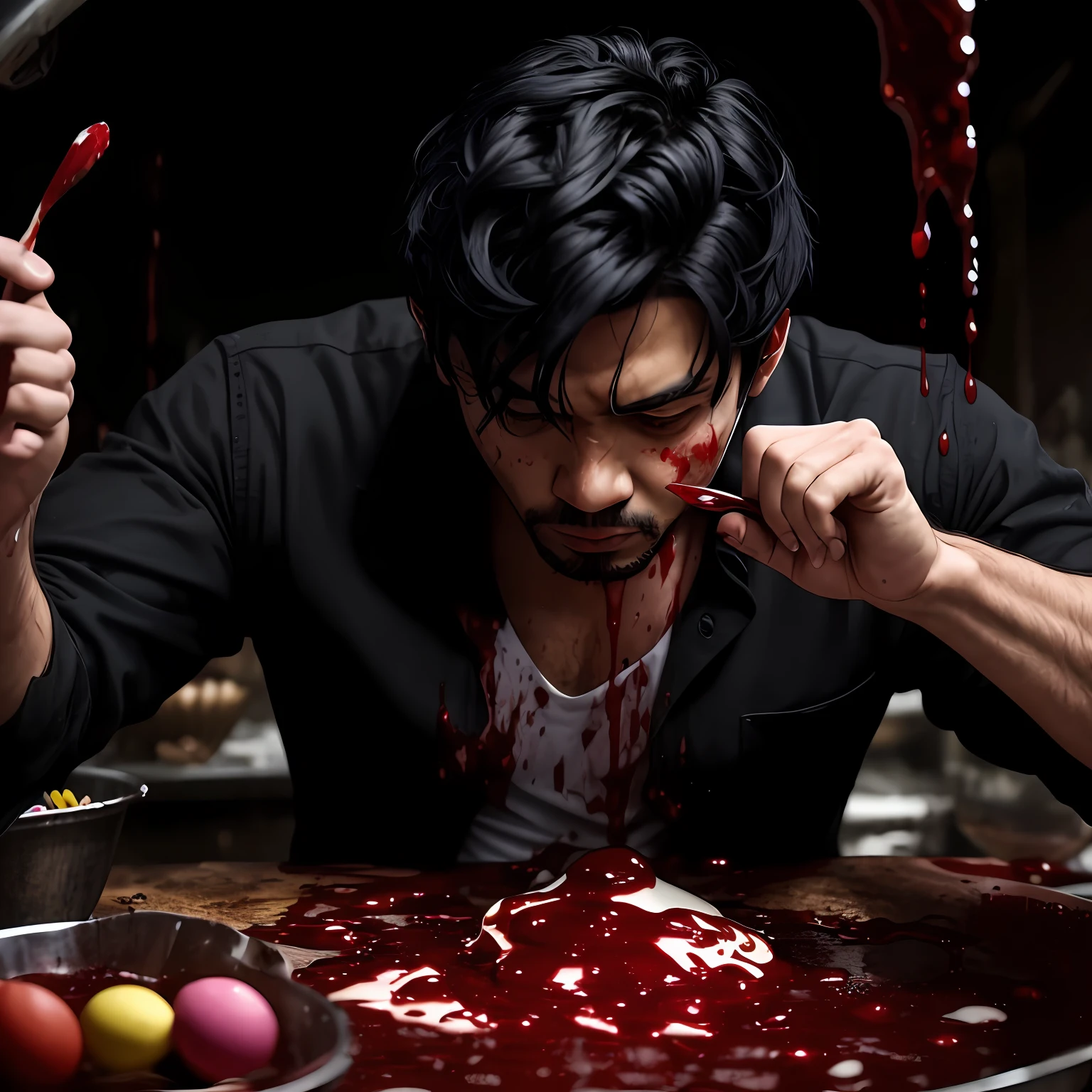 man, black hair, making candy, blood on clothes --auto