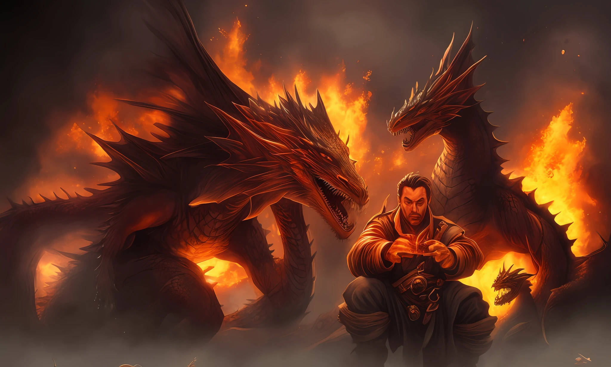 (Il y a un homme jouant avec une manette Devant deux Dragons en feu) , Le travail de GuilDwar, hyperrealistic d & d fantasy art, D & D Digital Fantasy Art, Un Dragon crache Du feu sur un homme, D & d fantasy digital painting, Donjons et Dragons Art fantastique, Dragon respirant le feu, Art Du Donjon et Des Dragons, Marc Simonetti et Sakimichha