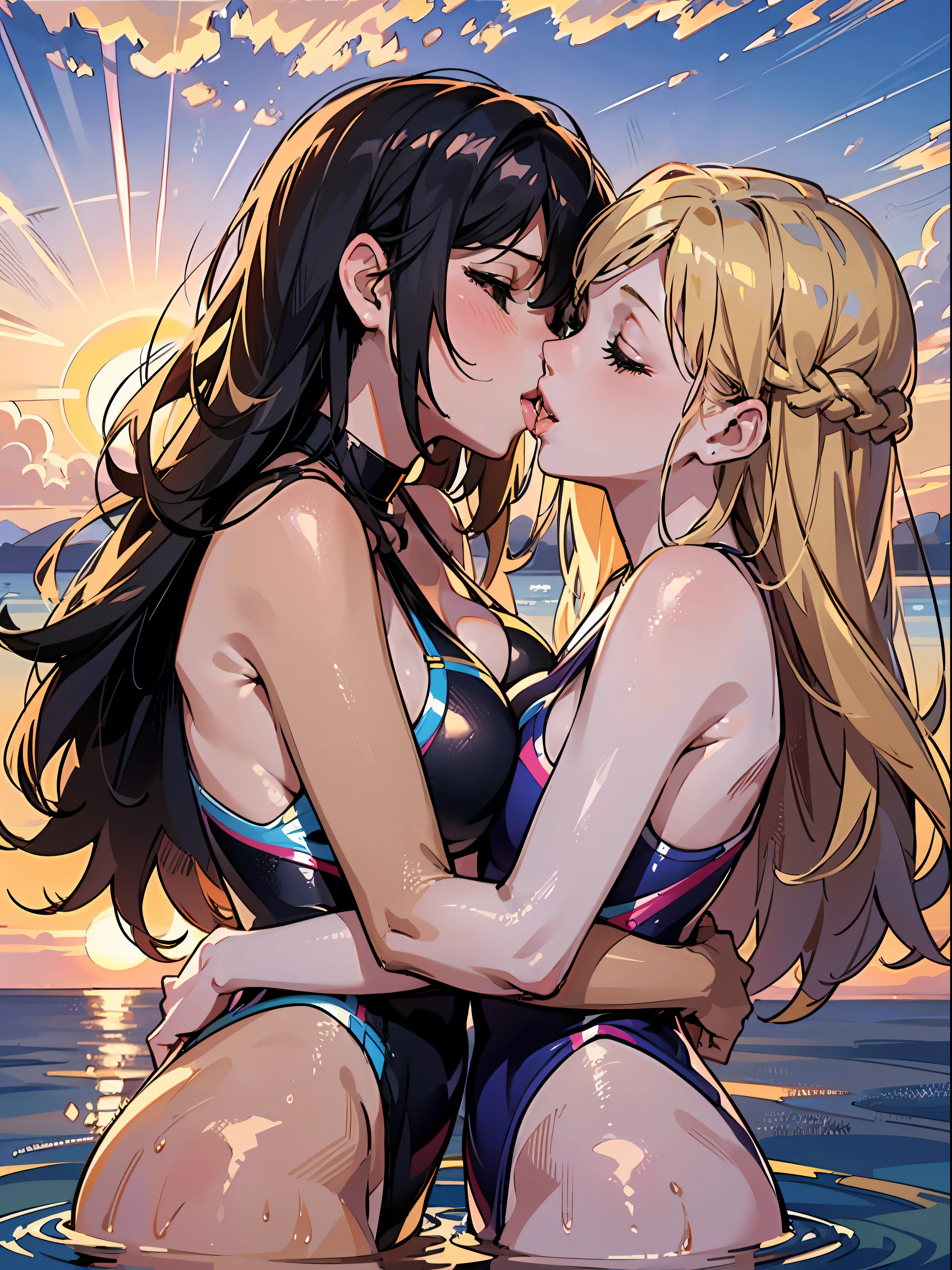 masutepiece,hyper quality, Hyper-detailing,Perfect drawing,nffsw,3D,8K,illustratio、Hi-Res、(((Two beautiful girls)))、(((French Kissing)))、Swimsuit、hug、A rich kiss that entwines tongues、the setting sun、Horizon、shores、Accurate drawing、Detailed drawing