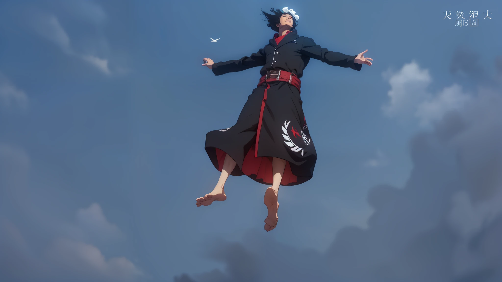 Blue sky,of a guy,Black color hair,with brown eye,floating in air,hands spread wide,Below is the calm sea
