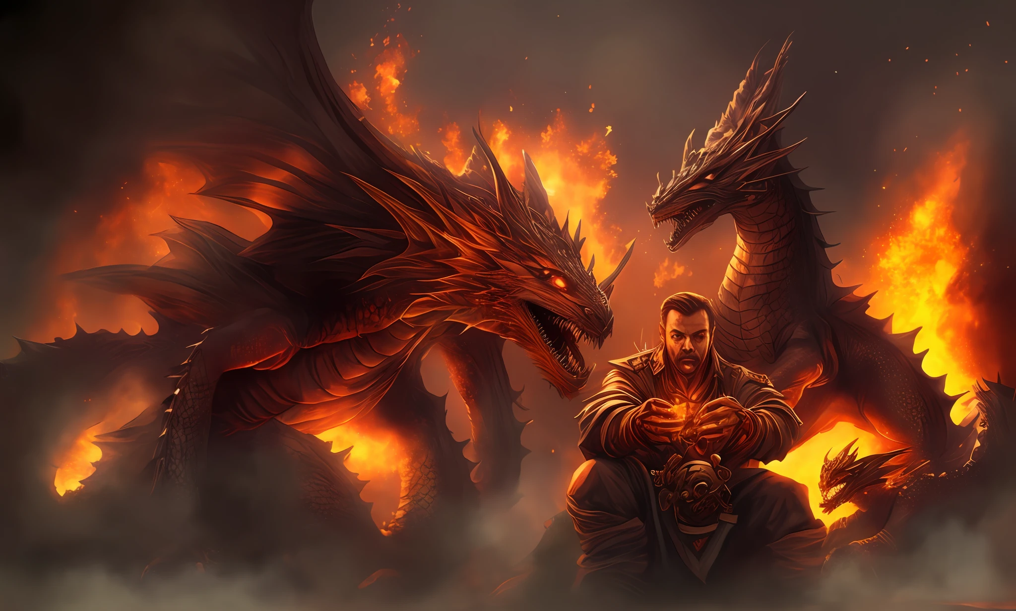 (Il y a un homme jouant avec une manette Devant deux Dragons en feu) , Le travail de GuilDwar, hyperrealistic d & d fantasy art, D & D Digital Fantasy Art, Un Dragon crache Du feu sur un homme, D & d fantasy digital painting, Donjons et Dragons Art fantastique, Dragon respirant le feu, Art Du Donjon et Des Dragons, Marc Simonetti et Sakimichha