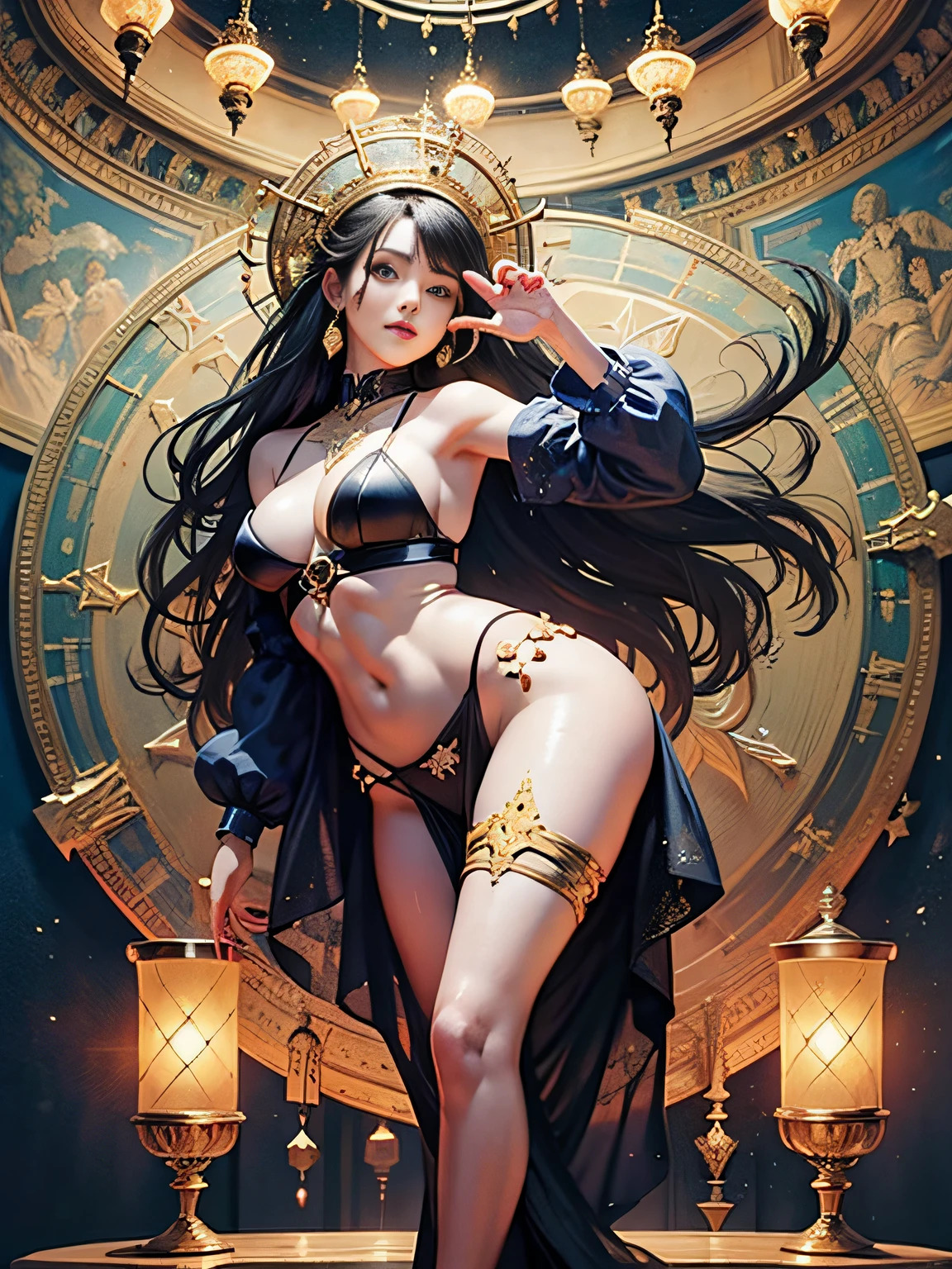 (masterpiece, top quality, best quality, official, beautiful and aesthetic art: 1.3), (1 girl: 1.3), extreme details, (fractal art: 1.3), colorful, full body, best quality, masterpiece, ultra resolution tall, 1 caucasian beautiful girl face, beautiful_face, detailed skin, concept art, Sakimichan style art, full body, exposed small breasts, official art, Unity 8k wallpapers, ultra detailed, beautiful and aesthetic, masterpiece, best quality , (Zentangle, Mandala, Tangled , Tangle), (Fractal Art: 1.3), 1 Girl, Highly Detailed, Dynamic Angle, Cowboy Shot, Most Beautiful Shapes Chaotic, Elegant, Fauvist Design, Bright Colors, Romanticism, James Jean, Robbie Devi Antono, Ross Tran, Francis Bacon, Michal Mlaz, Adrian Ganey, Petra Kotwright, Gerhard Richter, Takashi Yamamoto, Ashley Wood, atmospheric and ecstatic notes, visible flow notes, (black silk), seductive pose, visible pubic hair, breasts visible, Sakimichan style art, oriental mandala tattoo, fractal background, silver and gold and bronze spirit, natural skin moistened with water, slight smile, view from below, perfect golden eyes, long curly black hair, floating antique clock, lamp ancient, splash,