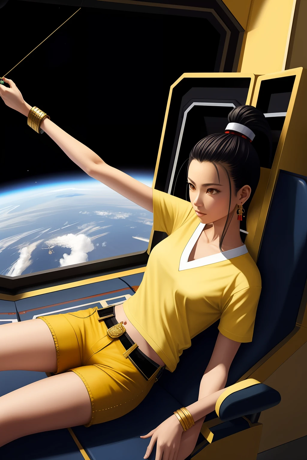 A female samurai with a single ponytail,Lying on the consoles of the spacecraft,The face is buried in the arm,Wears yellow short sleeves,Black denim hot pants,Fair and delicate skin,She wears a ring-shaped gold earring on her left ear