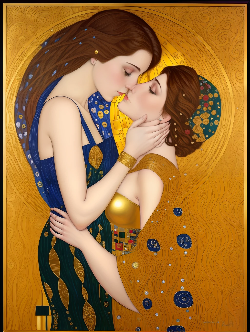 Austrian Symbolism inspired portrait of a insanely beautiful woman, influenced by Gustav Klimt’s ‘The Kiss’, shimmering with gold leaf detail and intricate patterns