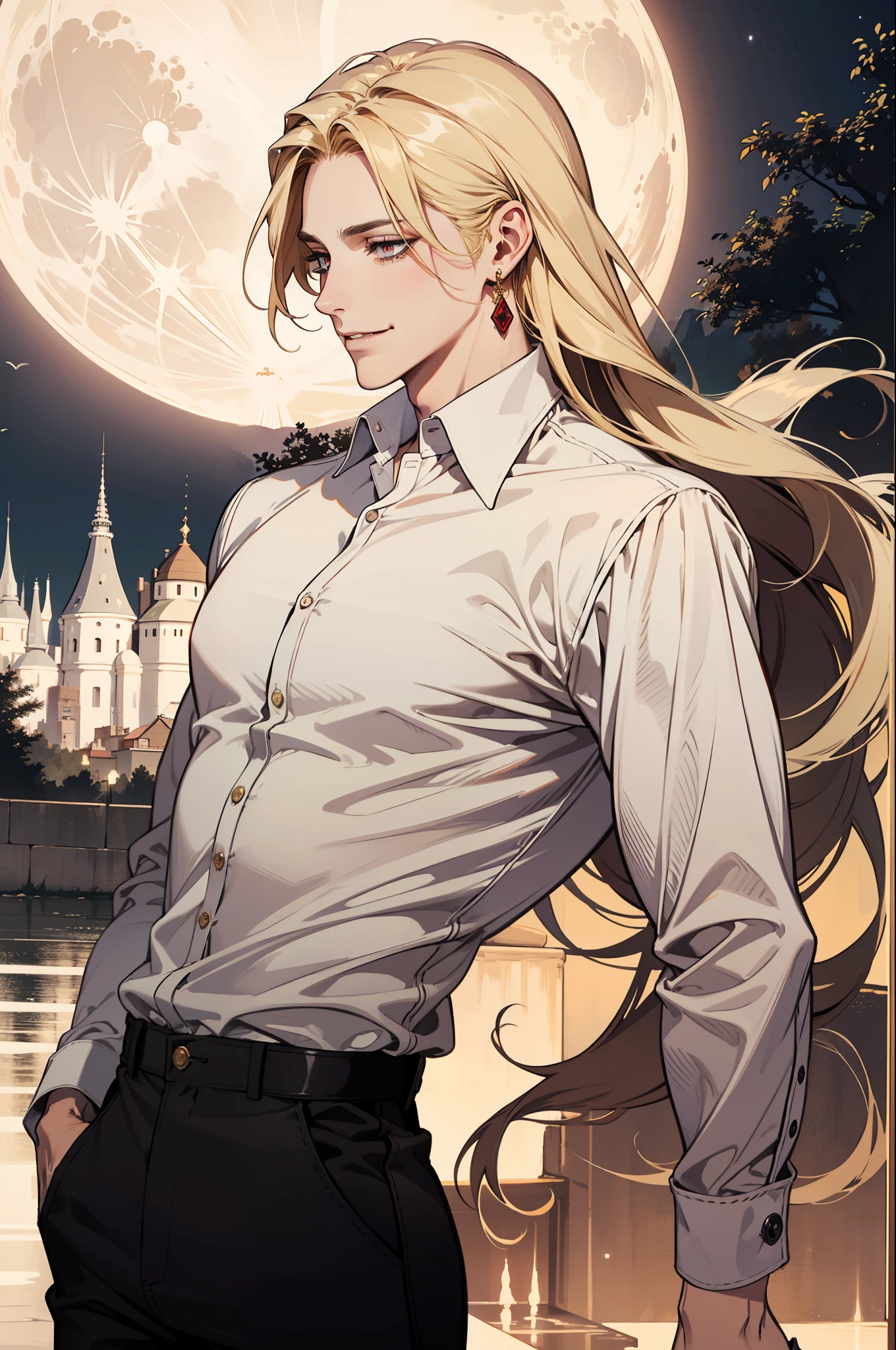 (absurdres, highres, ultra detailed), 1man, 30 years old man, adult man, handsome, tall,, finely detailed eyes and detailed face, leather pants, (((white shirt))), night, smile, dutch angle, ((long hair, blonde hair)), moon, gold details, earrings, gothic, vampire, vampire prince, dark, simple clothes, looking at the view, pale skin, red detailed eyes, (masculine), sexy, elegant, long bangs, detailed hands