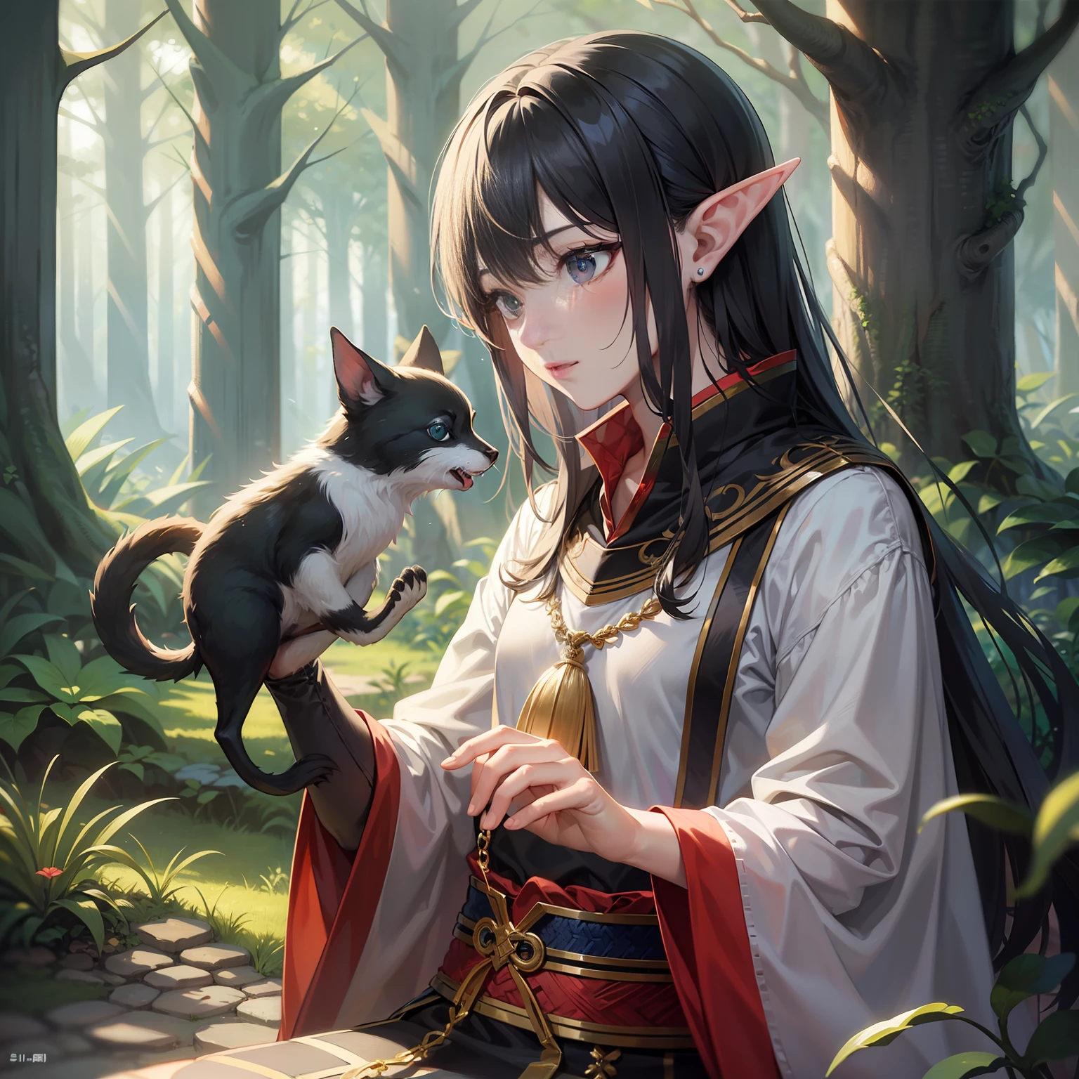 (masterpiece)8K分辨率、top-quality、Elf beautiful man playing with animals、The background is the forest、fantasy-inspired、Hazel eyes、Rin々Shishi、Delicate ears、No chemomimi