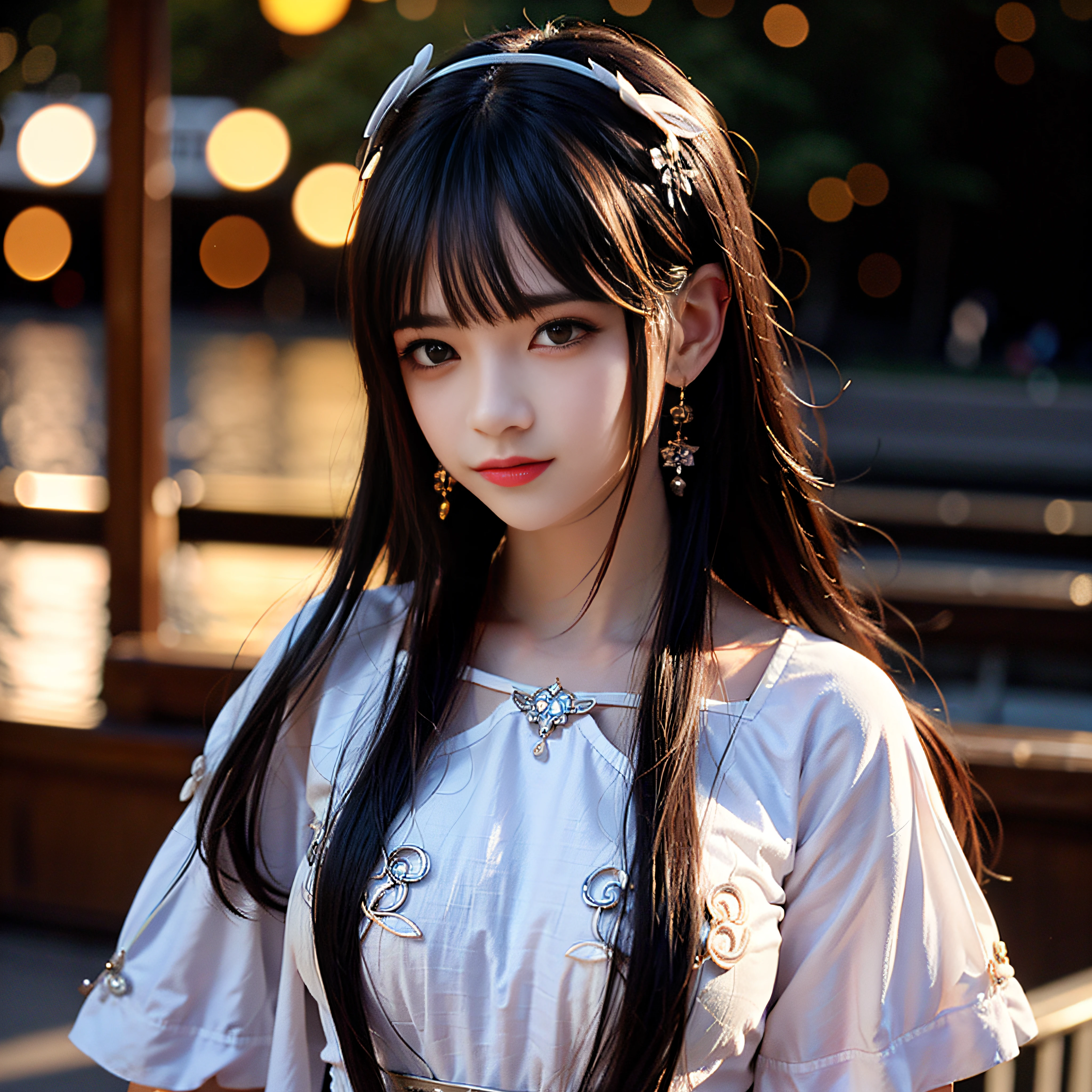 best quality, masterpiece, high resolution, CG, 1 girl, weapon, sword, long hair, dress, water, solo, jewelry, white dress, earrings, hair accessories, splash, upper body, bun, brunette hair, lighting, frankness, photo, high resolution, 4k, 8k, bokeh,