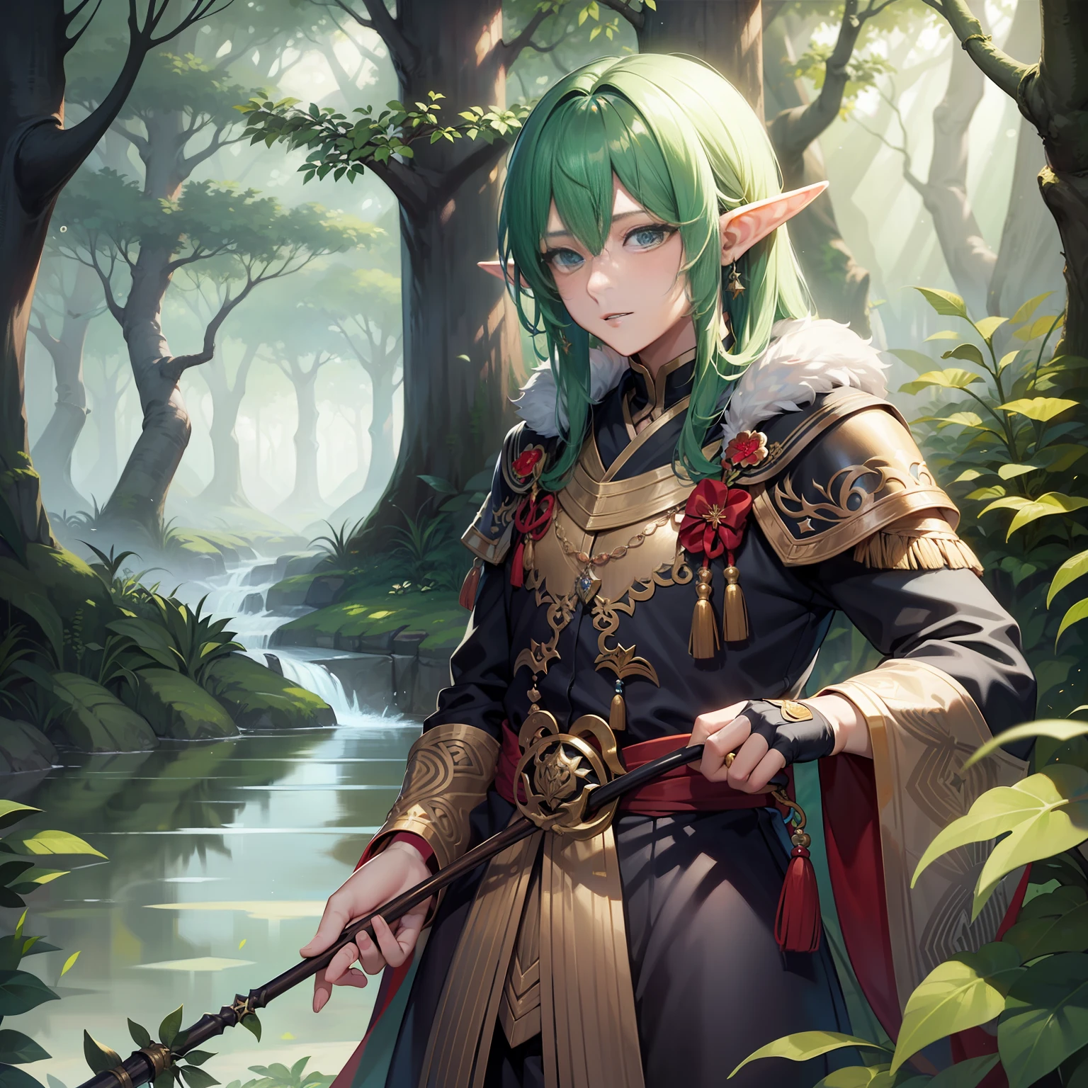 (masterpiece)8K分辨率、top-quality、Elf beautiful man playing with animals、The background is the forest、fantasy-inspired、Hazel eyes、Rin々Shishi、Delicate ears、No chemomimi