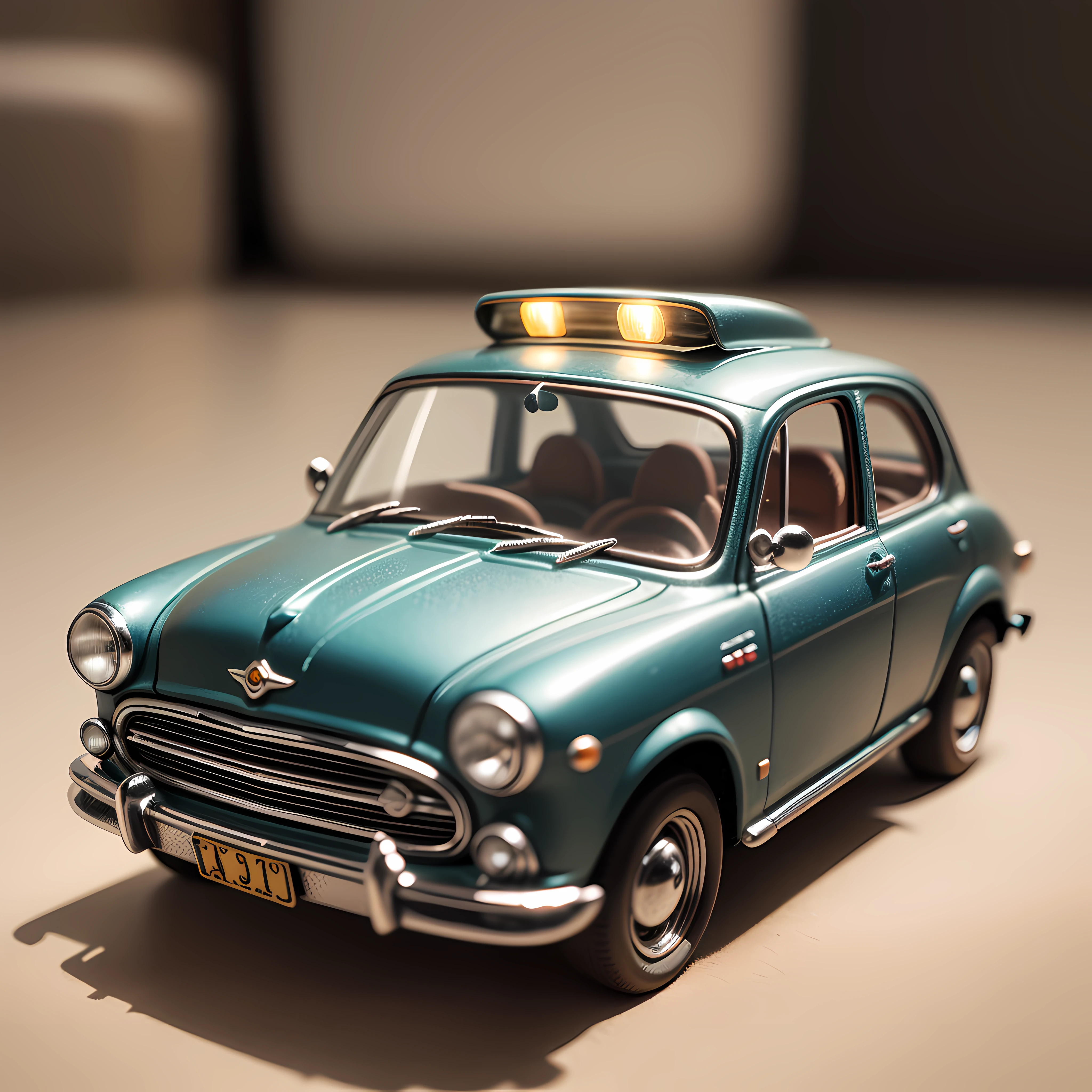 A small toy car, inside a blind box, placed on a tiny pedestal, against a clean white background, illuminated by artificial light. The artwork is of top-notch photographic quality, capturing every intricate detail of the toy car.