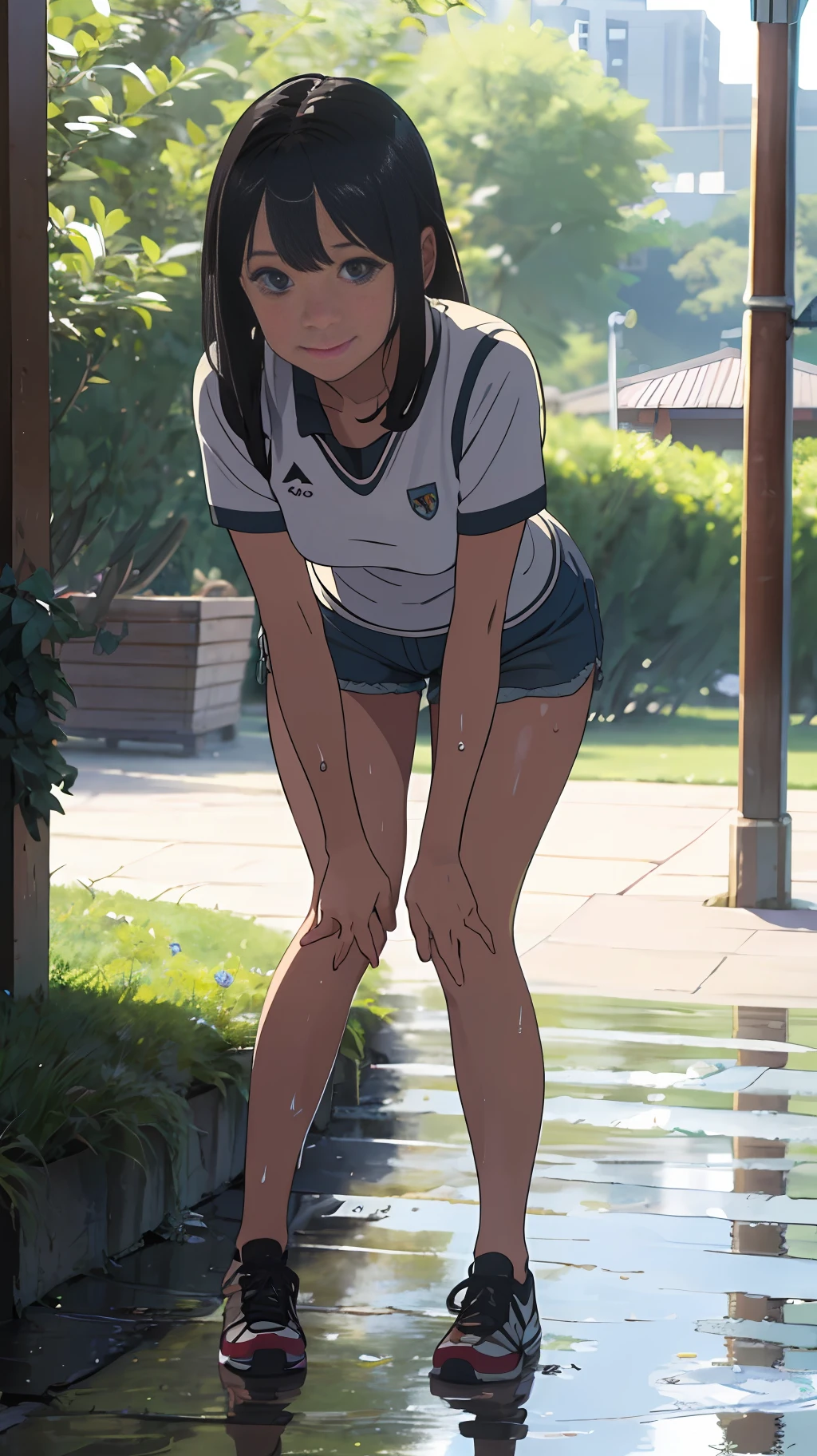 ultra-quality, ultra high detailed, The ultra -The high-definition, Super cute girl, kindly smile, Wet, Spoblar, Two large bulges in a horizontal row inside the spobbla, Ultra shorts, crouching down, bending forward, hands on each knee, a park, with light glowing, morning, Qing々Right, Look at viewers, nsfw --auto