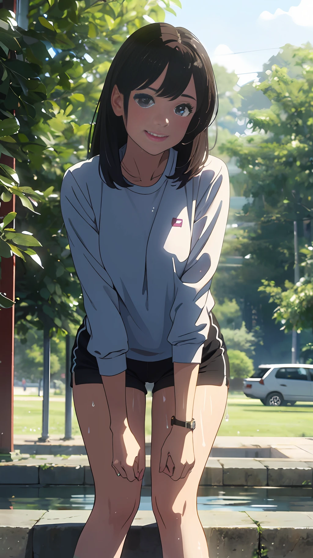 ultra-quality, ultra high detailed, The ultra -The high-definition, Super cute girl, kindly smile, Wet, Spoblar, Two large bulges in a horizontal row inside the spobbla, Ultra shorts,  crouching down, bending forward, hands on each knee, a park, with light glowing, morning, Qing々Right, Look at viewers, nsfw --auto