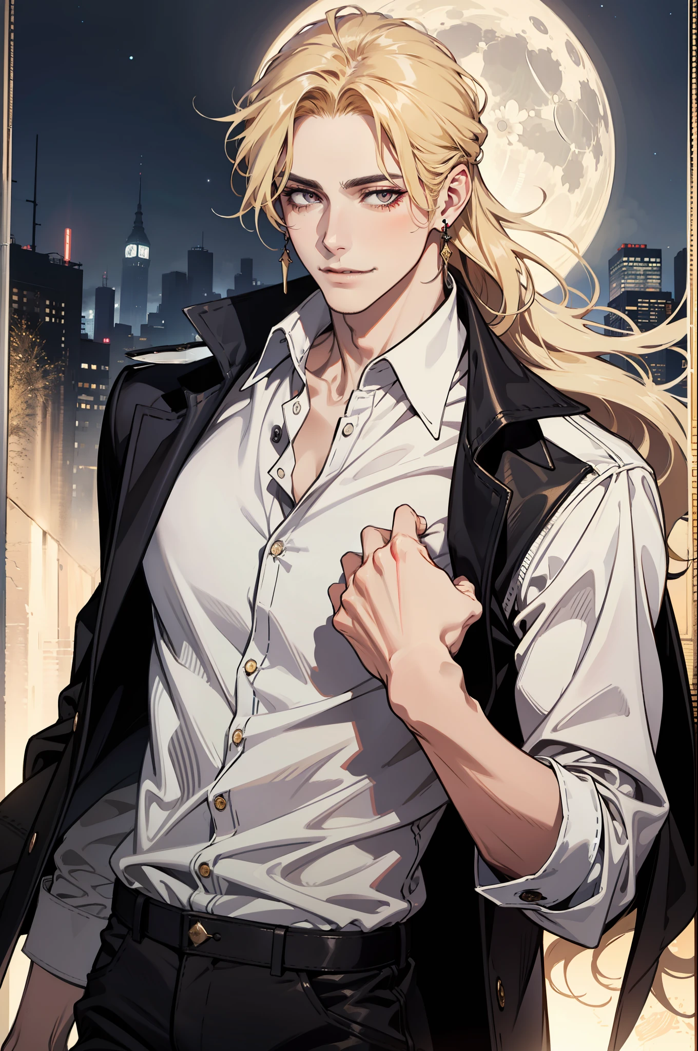 (absurdres, highres, ultra detailed), 1man, 30 years old man, adult man, handsome, tall,, finely detailed eyes and detailed face, leather pants, (((white shirt))), night, smile, dutch angle, ((long hair, blonde hair)), moon, gold details, earrings, gothic, vampire, vampire prince, dark, simple clothes, looking at the view, pale skin, red detailed eyes, (masculine), sexy, elegant, long bangs, detailed hands