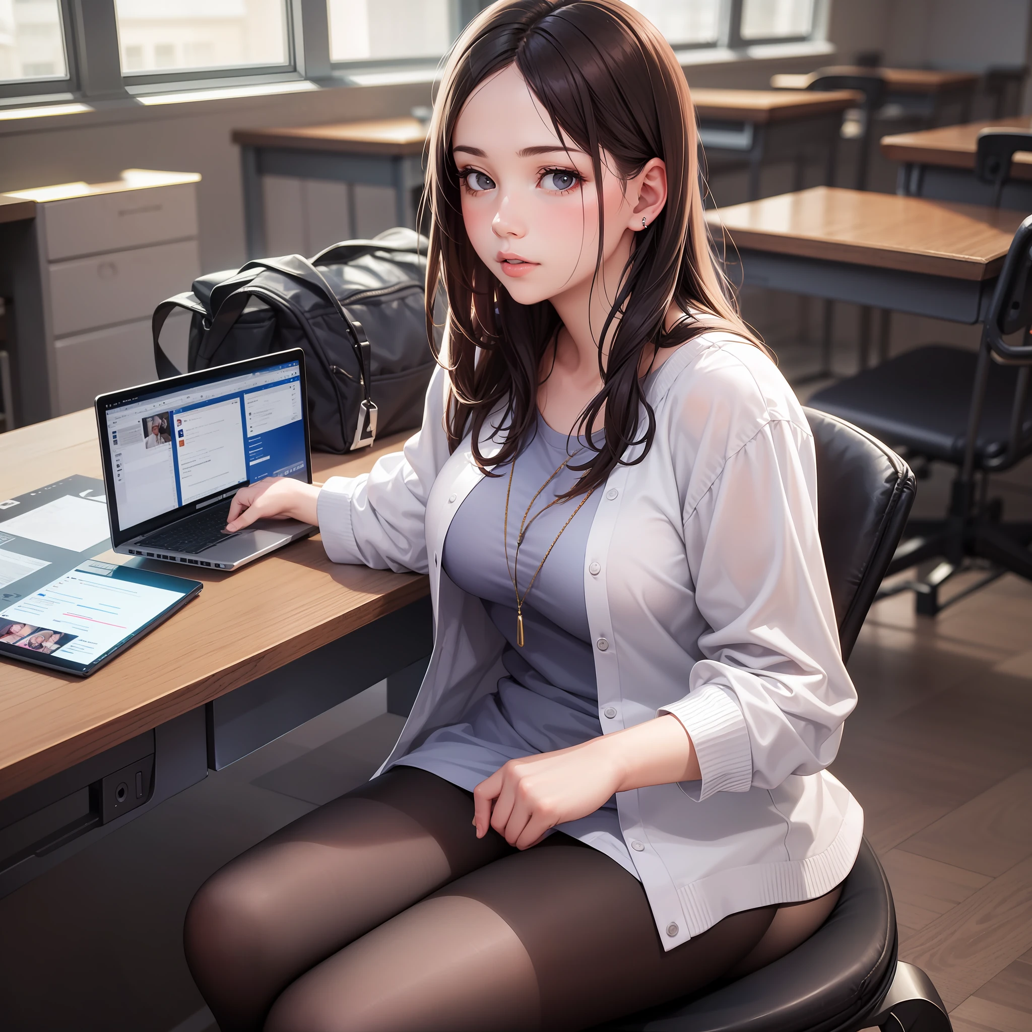 (Realistic:1.2), 18yo Girl, sexy outfit , sitting, computer classroom
