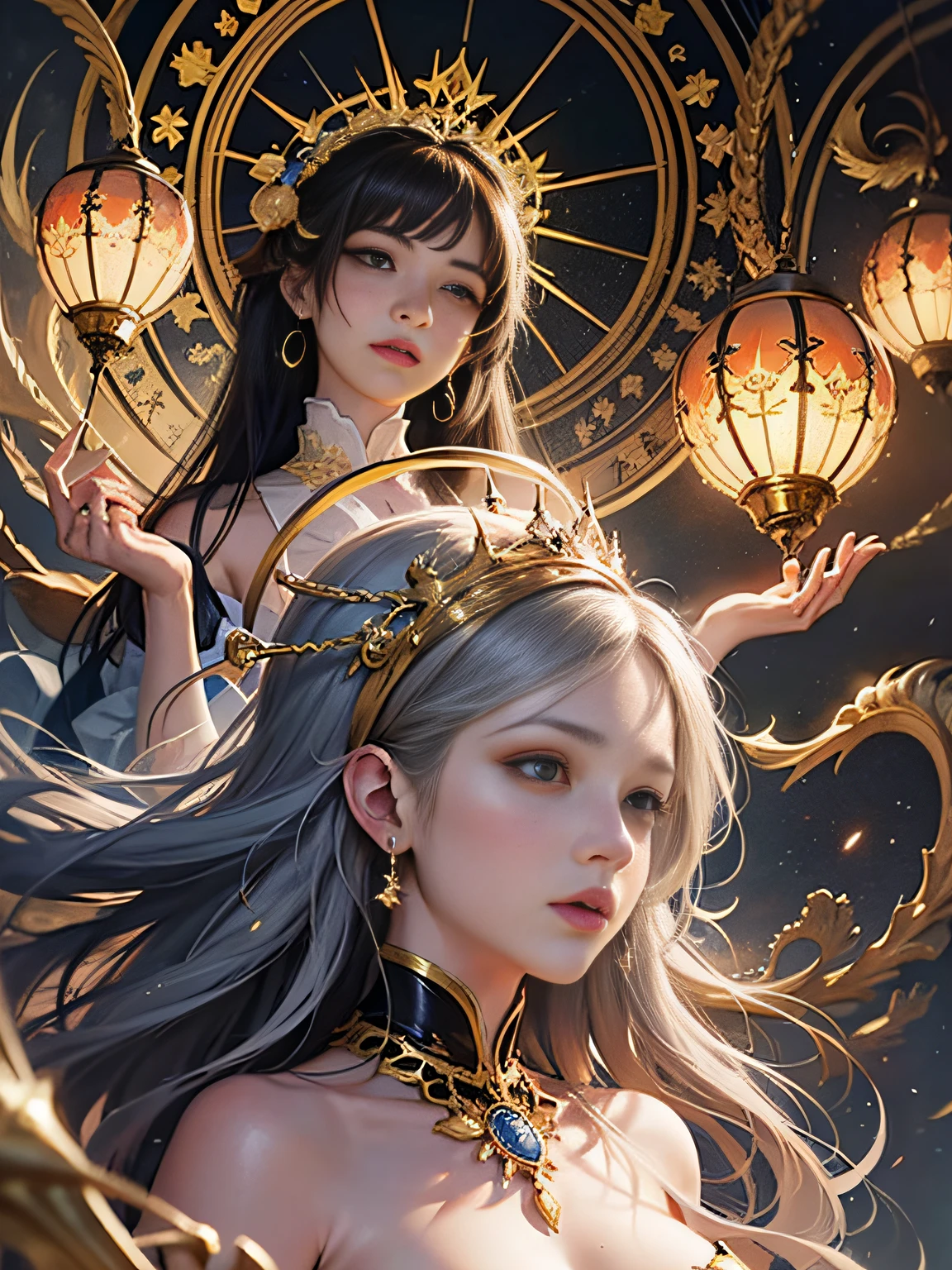 (masterpiece, top quality, best quality, official, beautiful and aesthetic art: 1.3), (1 girl: 1.3), extreme details, (fractal art: 1.3), colorful, full body, best quality, masterpiece, ultra resolution tall, 1 caucasian beautiful girl face, beautiful_face, detailed skin, concept art, Sakimichan style art, full body, exposed small breasts, official art, Unity 8k wallpapers, ultra detailed, beautiful and aesthetic, masterpiece, best quality , (Zentangle, Mandala, Tangled , Tangle), (Fractal Art: 1.3), 1 Girl, Highly Detailed, Dynamic Angle, Cowboy Shot, Most Beautiful Shapes Chaotic, Elegant, Fauvist Design, Bright Colors, Romanticism, James Jean, Robbie Devi Antono, Ross Tran, Francis Bacon, Michal Mlaz, Adrian Ganey, Petra Kotwright, Gerhard Richter, Takashi Yamamoto, Ashley Wood, atmospheric and ecstatic notes, visible flow notes, (black silk), seductive pose, visible pubic hair, breasts visible, Sakimichan style art, oriental mandala tattoo, fractal background, silver and gold and bronze spirit, natural skin moistened with water, slight smile, view from below, perfect golden eyes, long curly black hair, floating antique clock, lamp ancient, splash,