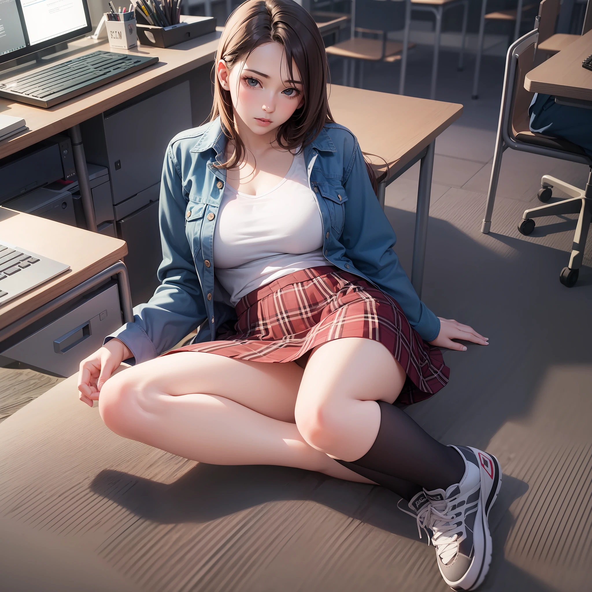 (Realistic:1.2), 18yo Girl, sexy outfit , sitting, computer classroom