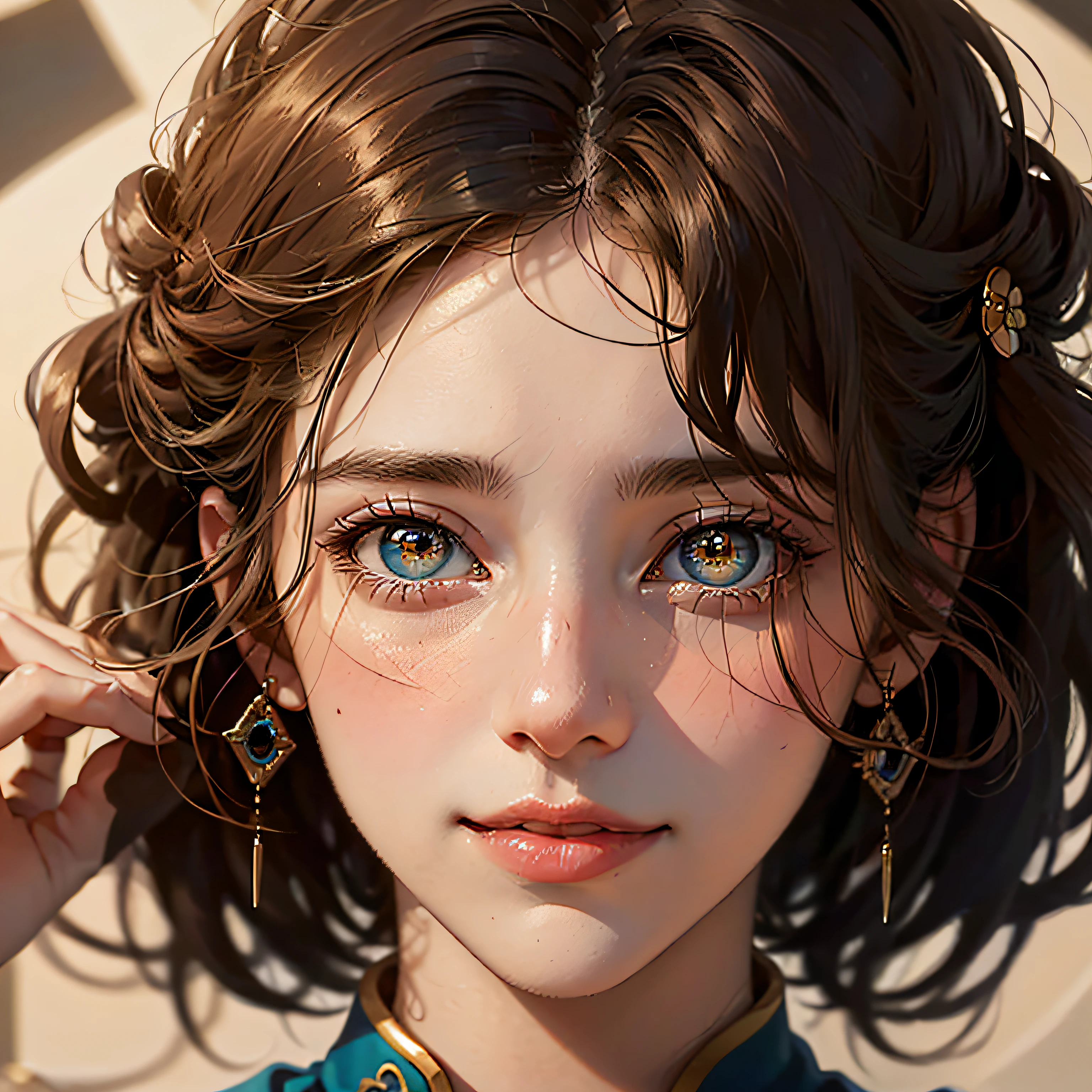 Chinese beautiful woman, Mannequin, Bust photo, quaint, Wears a red and black cheongsam, Brown hair, bangs, pony tails, Asymmetrical bangs, crystal hair, Tentacle hair, Very short hair, Hairpin, Glowing eyes, happy tears, flower shaped pupils, wide-eyed, Earrings, grin, face to face, High detail, Anime style, Chiaroscuro, Sparkle, Ray tracing, stereograms, symetry, classicism, hyper HD, Super detail, Best quality, A high resolution
