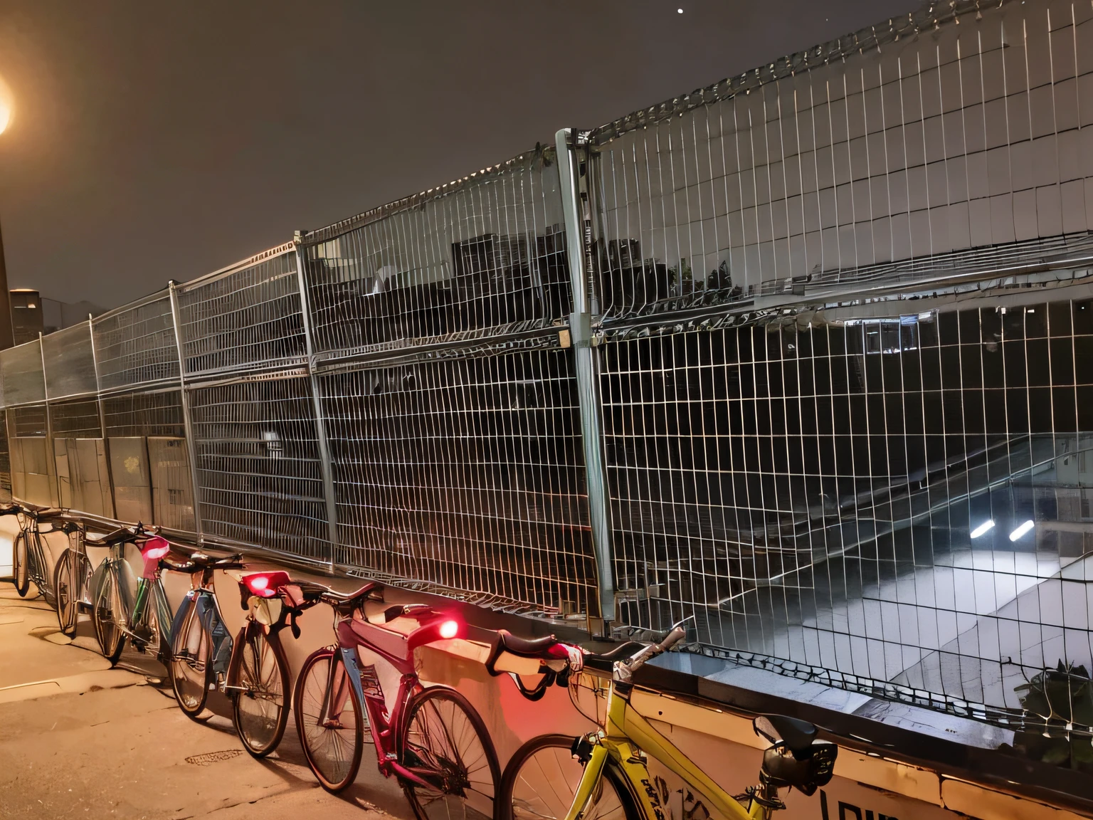 Bicycles line up against fences on sidewalks at night, photo taken at night, during night, during night, At night, during night, during night!, during night, night time footage, taken in the night, in the night time, taken on iphone 1 3 pro, Night!, bicycle in background, night shot, in the night time, taken on iphone 14 pro --auto