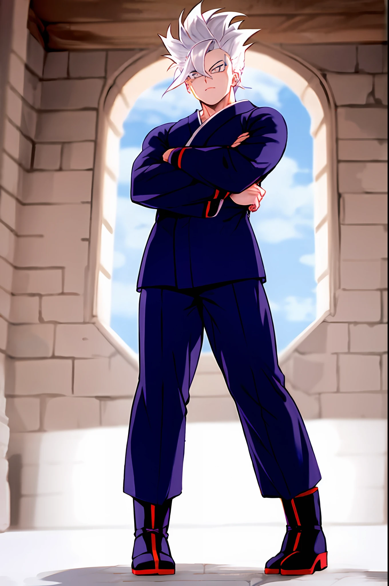 Cabelo platinado, cabelo espetado, olhos azuis, kimono pants, musculoso, pose, munhequeira preta, botas estilisada, Blurry Blue Sky, geleira, foco masculino, ((obra-prima))
