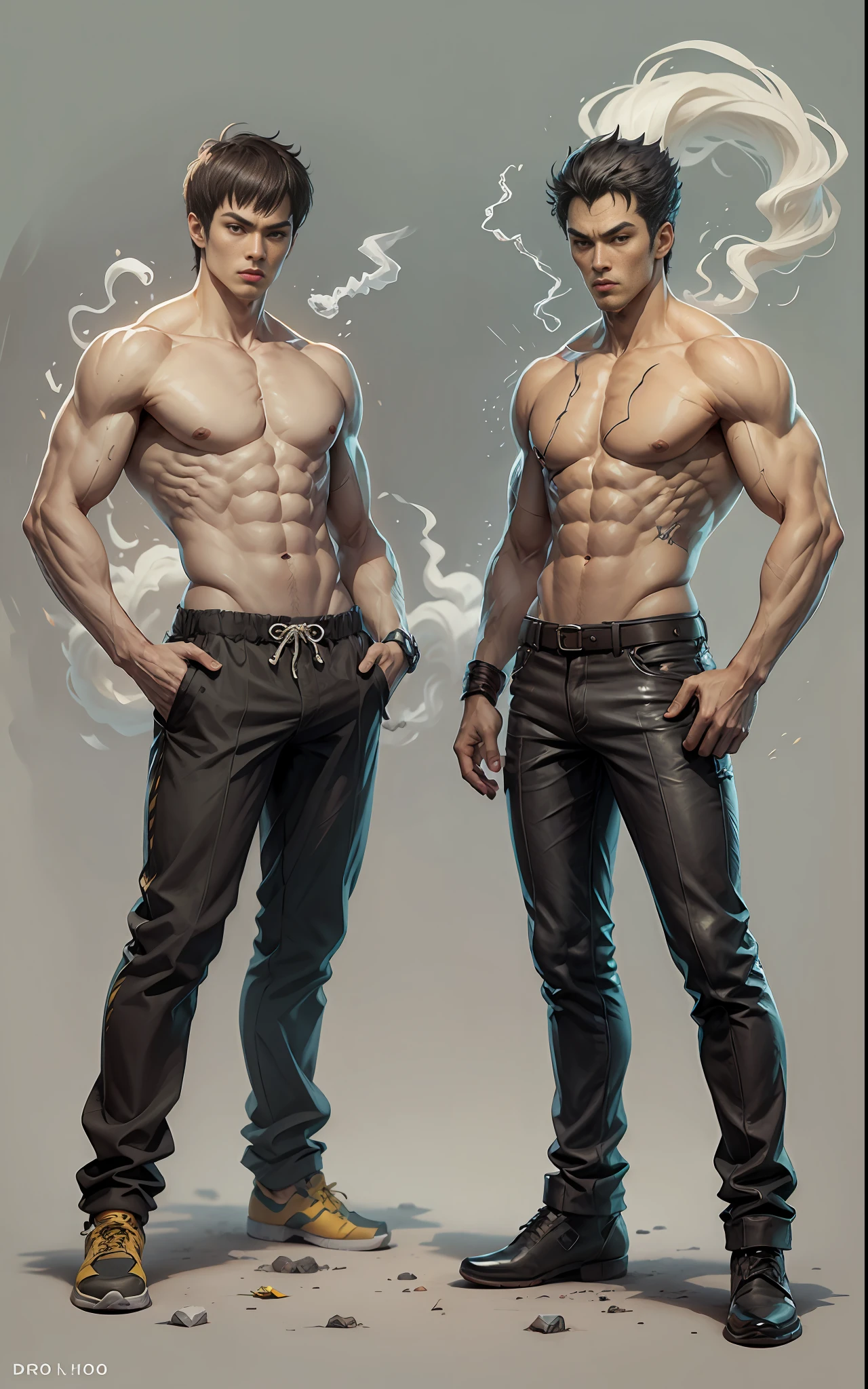Dicas: Foto de corpo inteiro, design de personagem do jogo, Bruce Lee jogo da morte, walking towards the camera, corpo de topless, Hands in pockets, cigarette on the lips, olhos vazios, personagem Hokuto Shinken, Kenjiro, luz lateral superior, rua da cidade deserta (distant view, profundidade de campo borrada), elevation perspective - AR 10:16 - Expression of style