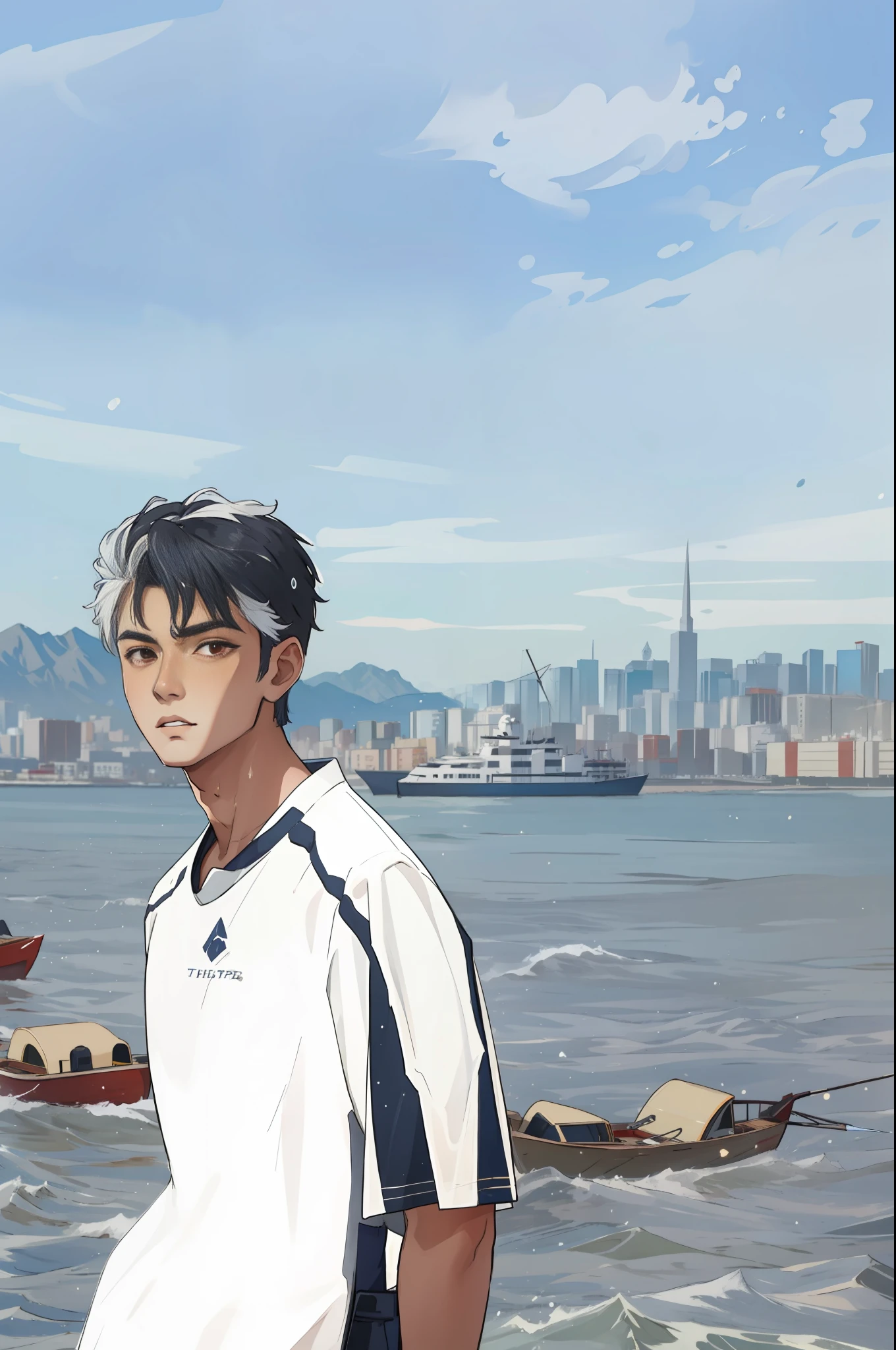 (tmasterpiece,best qualtiy), intricately details, 8K, art stations, the wallpaper, offcial art, splashart, tack sharp focus,
1boys,red eyes,White hair,skyscrapper, 城市,boat