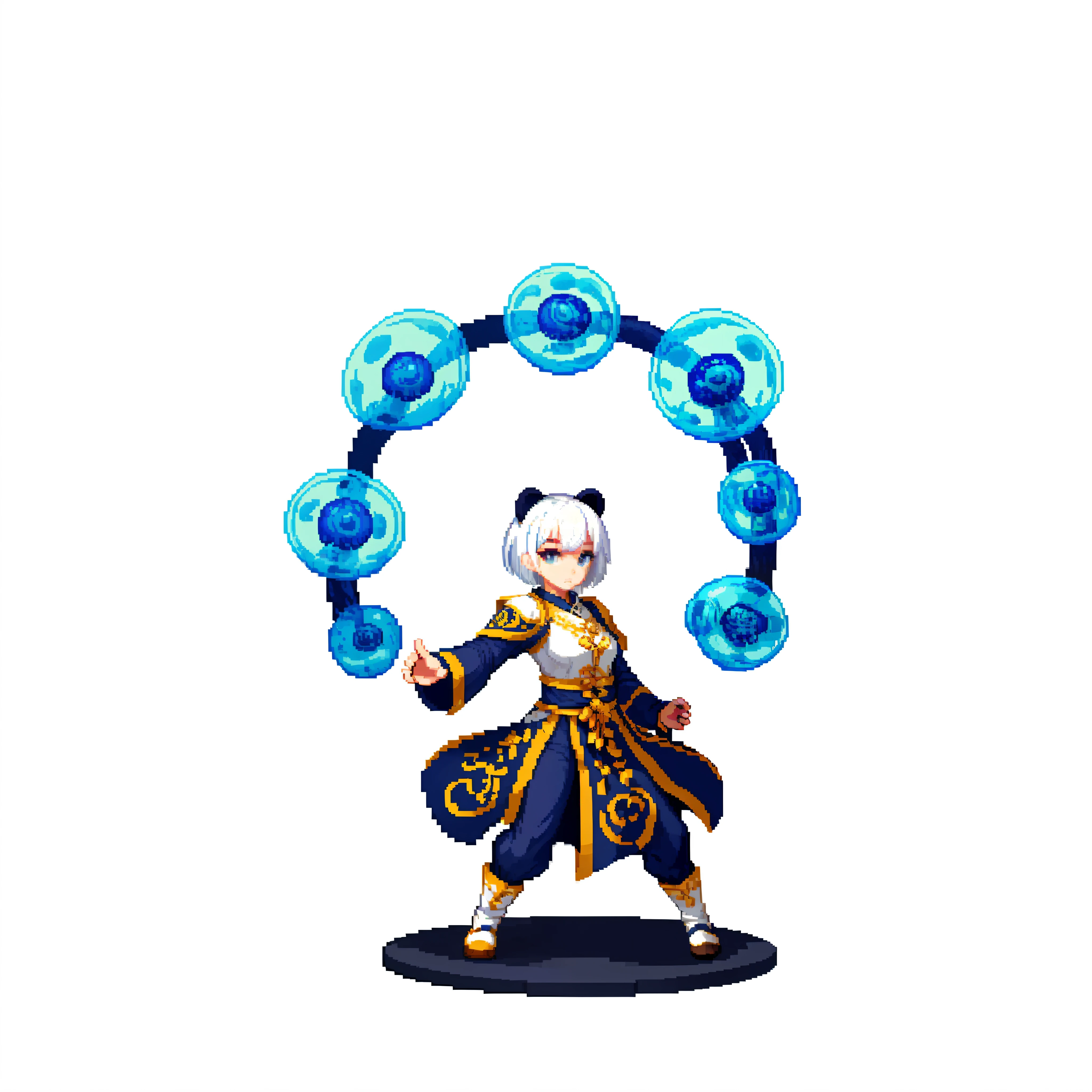 (masterpiece, top quality, best quality), pixel,pixel art,(1girl),(full body), white background,short hair, white hair, jellyfish hair, black bear ears, dynamic pose, kungfu